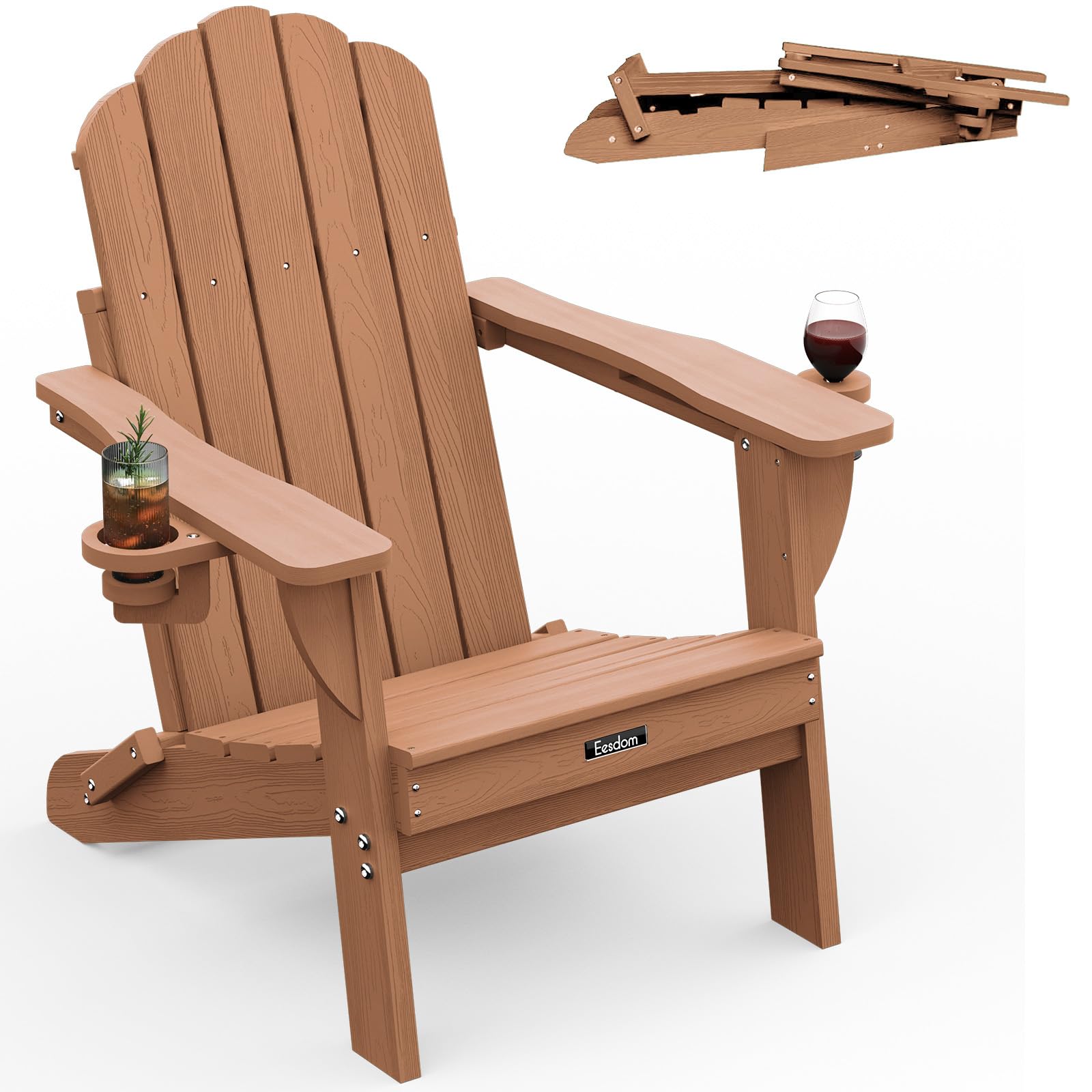 Folding Adirondack Chair,All-Weather HDPE Fire Pit Chair with 2 Cup Holders, Plastic Outdoor Chair for Patio Deck Garden Lawn, Black