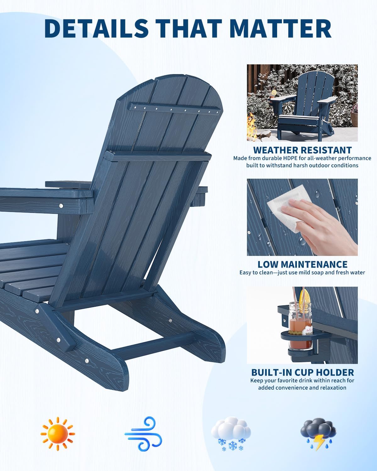 GarveeLife Folding Adirondack Chair Set of 2, All-Weather HDPE Outdoor Chair, Wooden Textured with Cup Holder for patios, Decks, Gardens, fire pits, Navy Blue