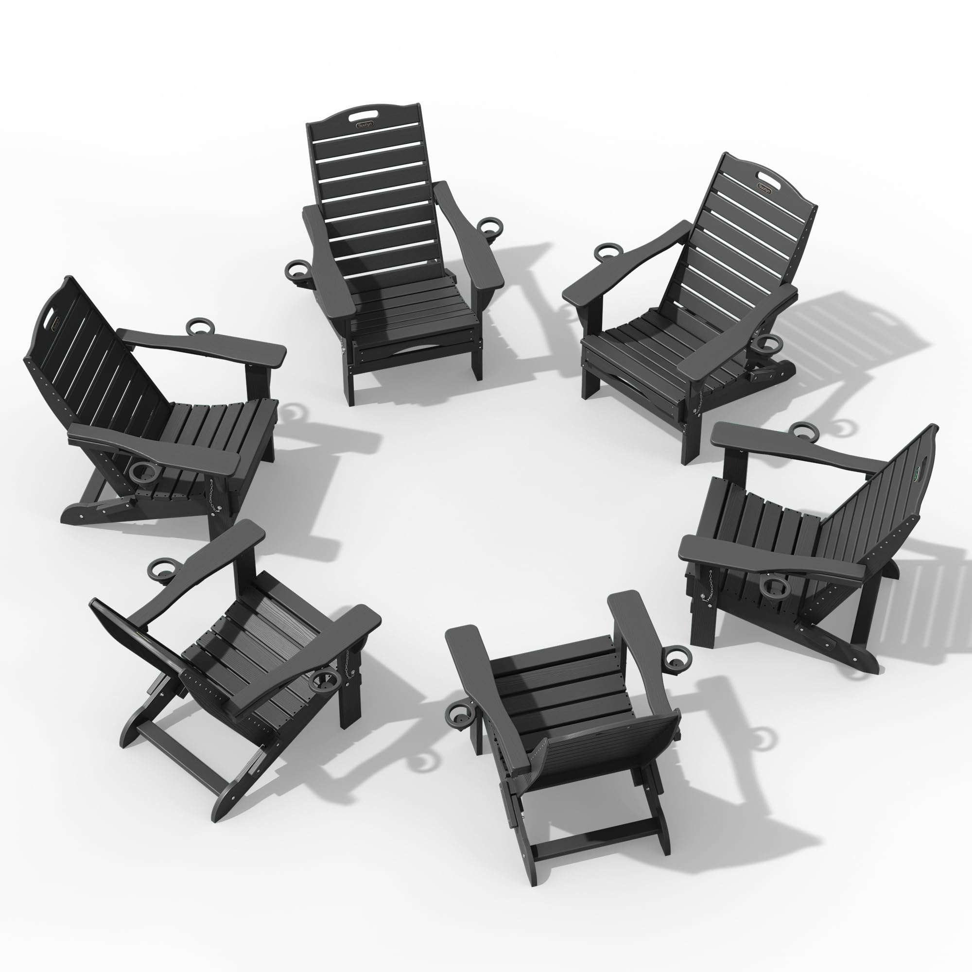 Folding Adirondack Chair with Retractable Ottoman, Weather Resistant Fire Pit Chair Patio Chair with 2 Cup Holder Lawn Outdoor Lounge Chair (Grey)