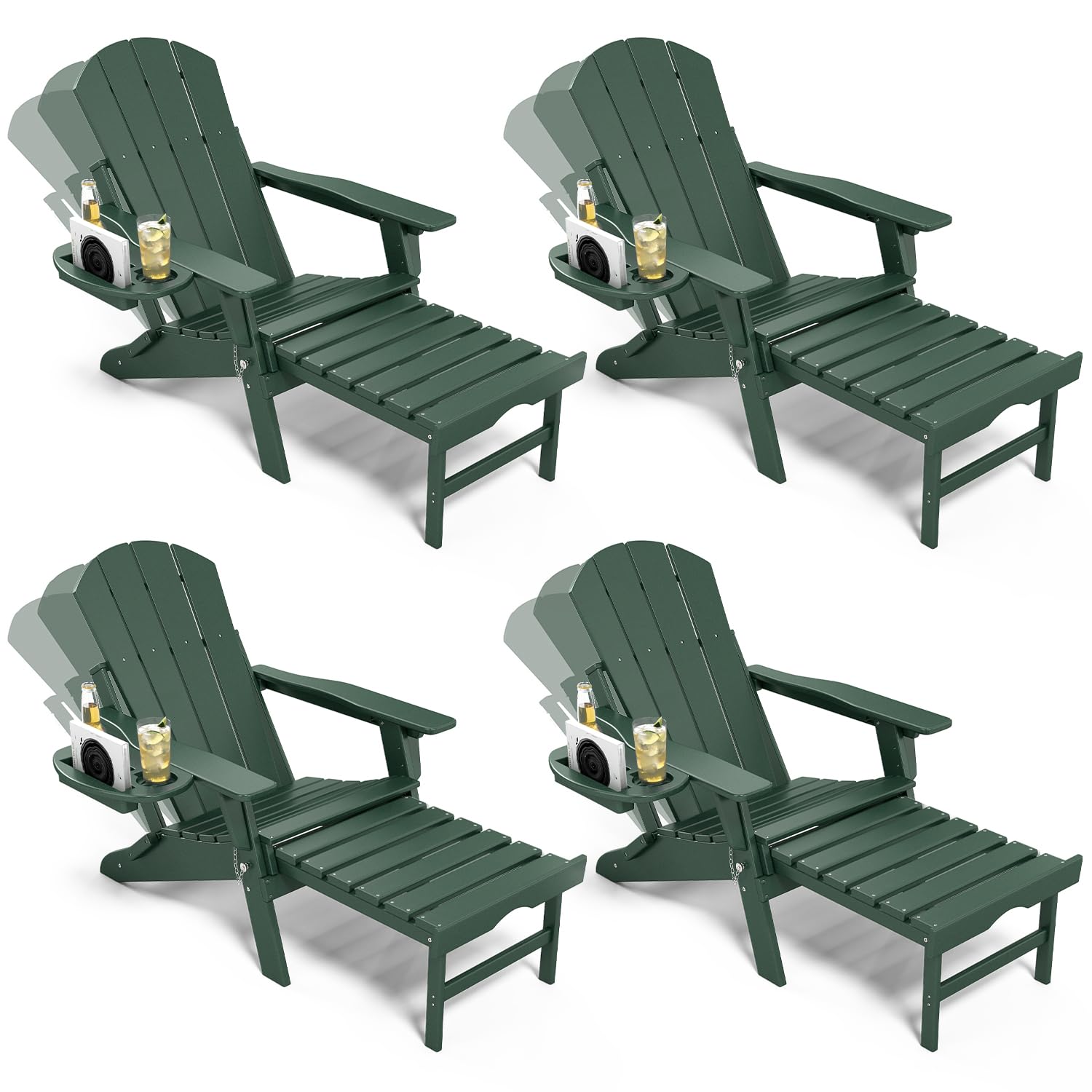 NAVINE Adjustable Adirondack Chair with Retractable Ottoman Set of 2, HDPE Folding Adirondack Chair with Cup Holder, All Weather Fire Pit Chair for Outdoor.