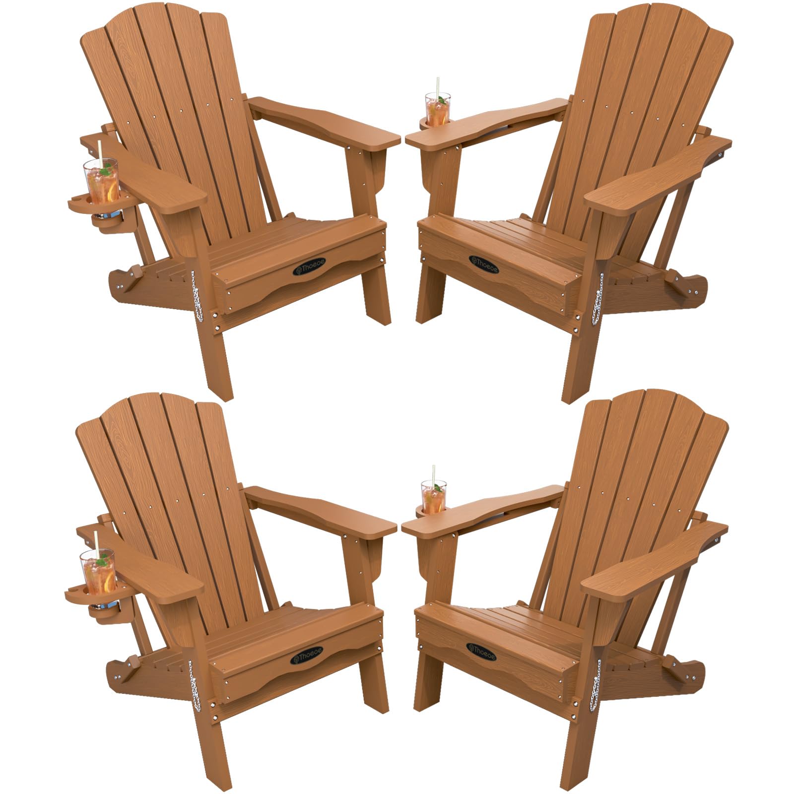THOEOE Folding Adirondack Chair,HDPE All-Weather Outdoor Chair with Cup Holder,Wooden Textured,Fire Pit Chair,Plastic Patio Chair for Deck,Backyard,Garden,Lawn, Black