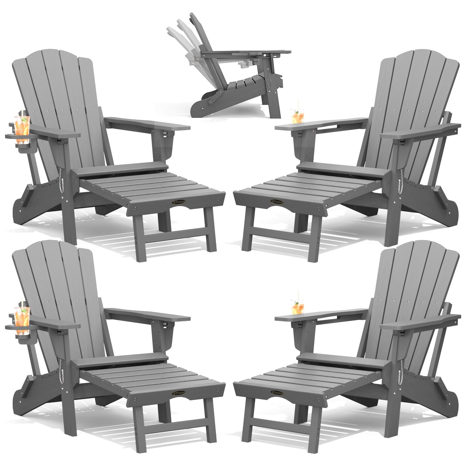 THOEOE Adjustable Adirondack Chair with Retractable Ottoman, HDEP Folding Adirondack Chairs with Footrest 2-in-1 Cup Holder, All Weather Outoor Fire Pit Chair with Foot Rest Set 1 Black