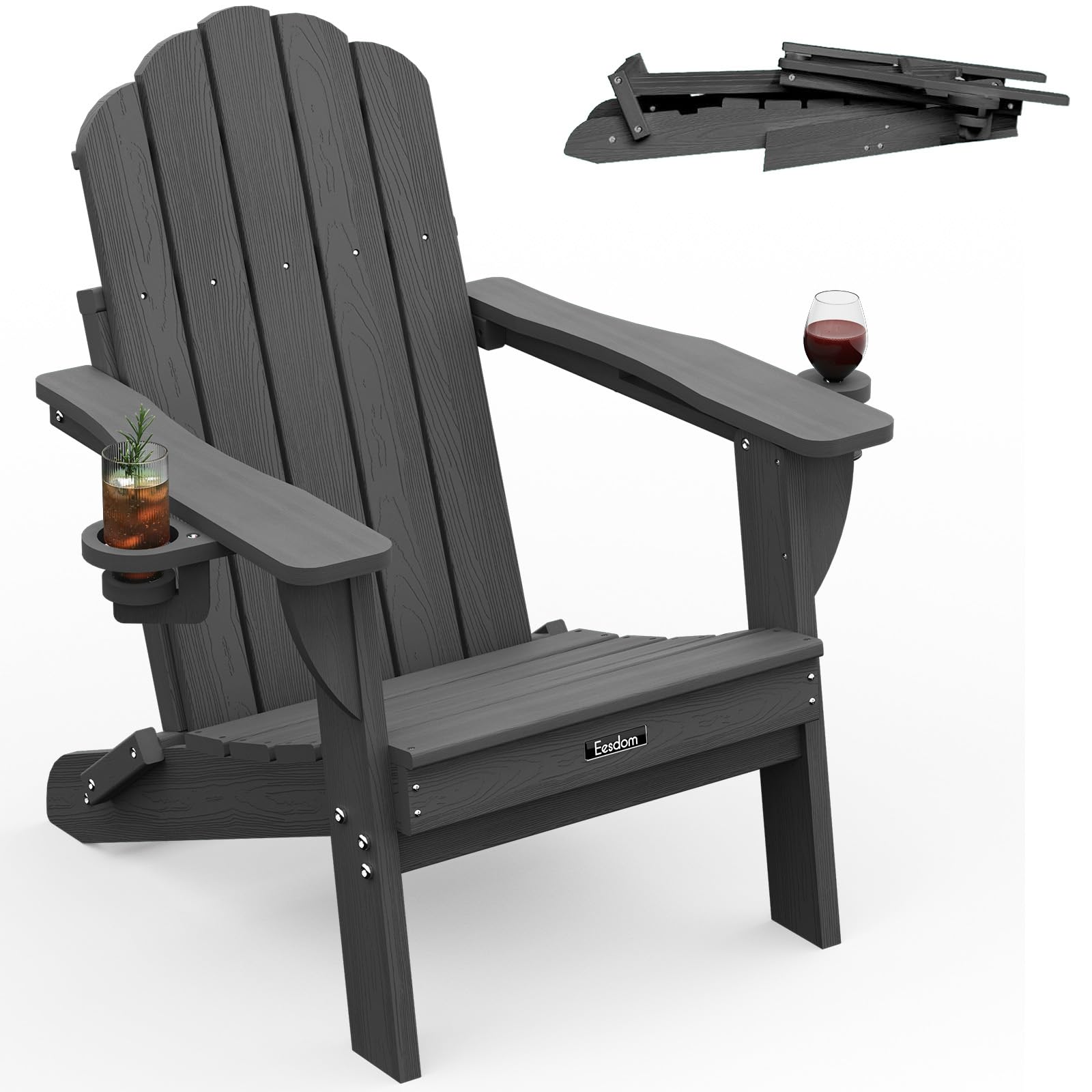 Folding Adirondack Chair,All-Weather HDPE Fire Pit Chair with 2 Cup Holders, Plastic Outdoor Chair for Patio Deck Garden Lawn, Black