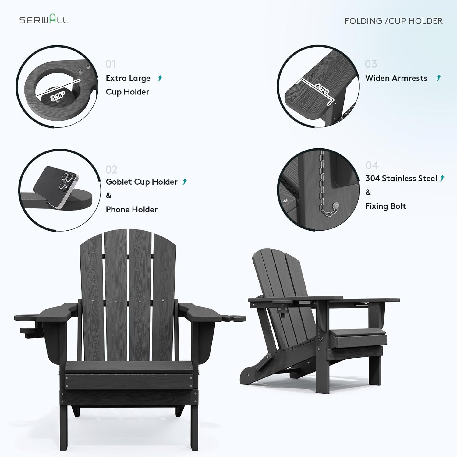 SERWALL Foldable Adirondack Chair Set of 2, HDPE Adirondack Chair with Wood-Texture-Gray