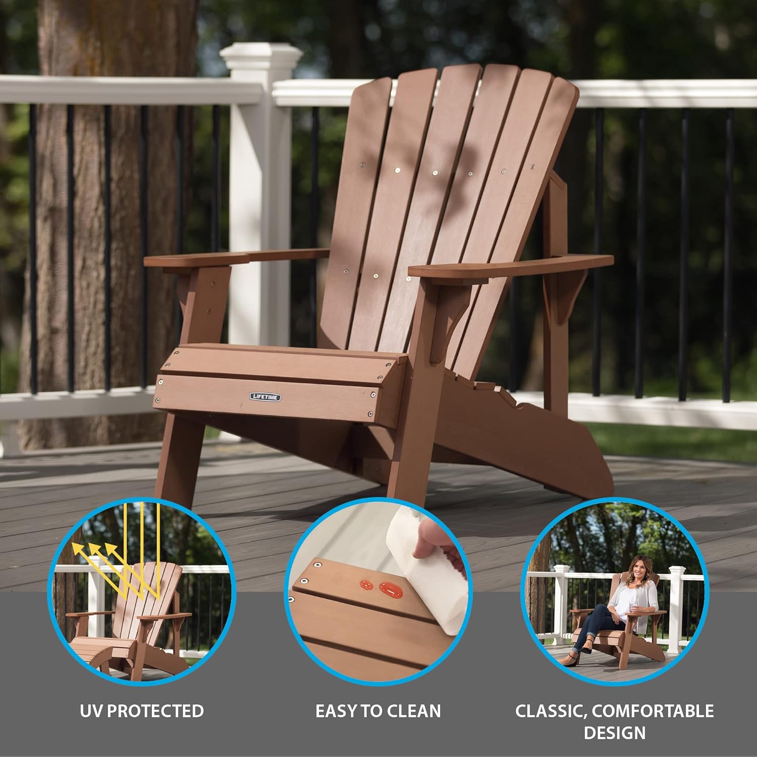 Lifetime Faux-Wood Adirondack Chair, Weather-Resistant Polystyrene, UV-Protected, 300 lb Capacity, Low-Maintenance Outdoor Seating Furniture