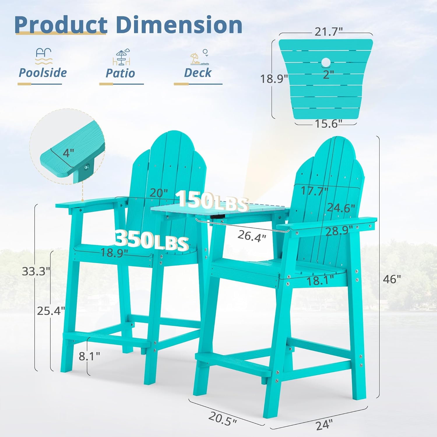 LUE BONA Tall Adirondack Chair Set of 2, All Weather HDPS Bar Height Chairs with Aluminum Legs, Detachable Table & Umbrella Hole for Patio, Deck, Backyard & Commercial Use Aruba Blue