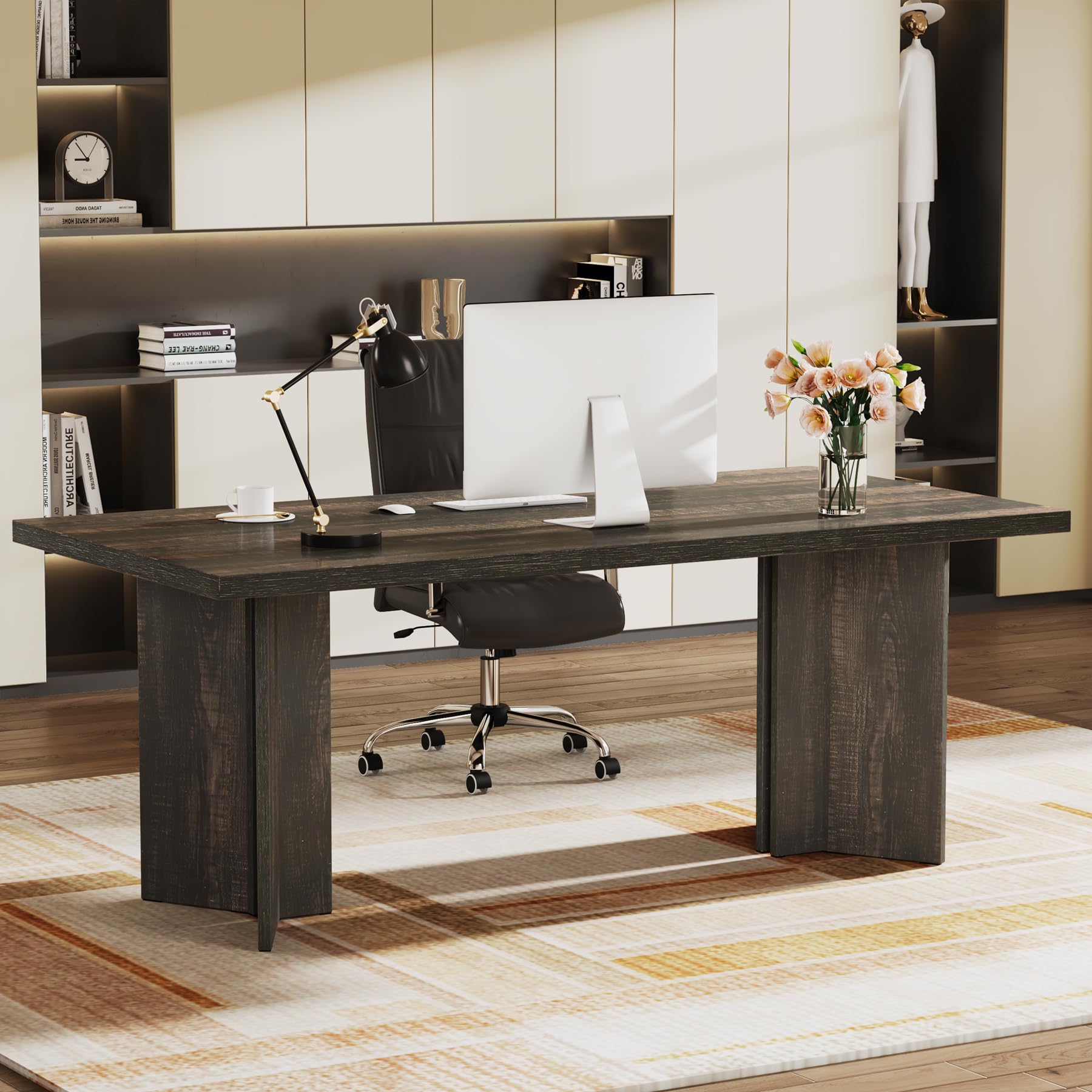 Tribesigns 63-inch Executive Desk, Vintage Home Office Computer Desk with Large Tabletop, Farmhouse Wood Writing Conference Table Workstation for Office, Study, Walnut Brown