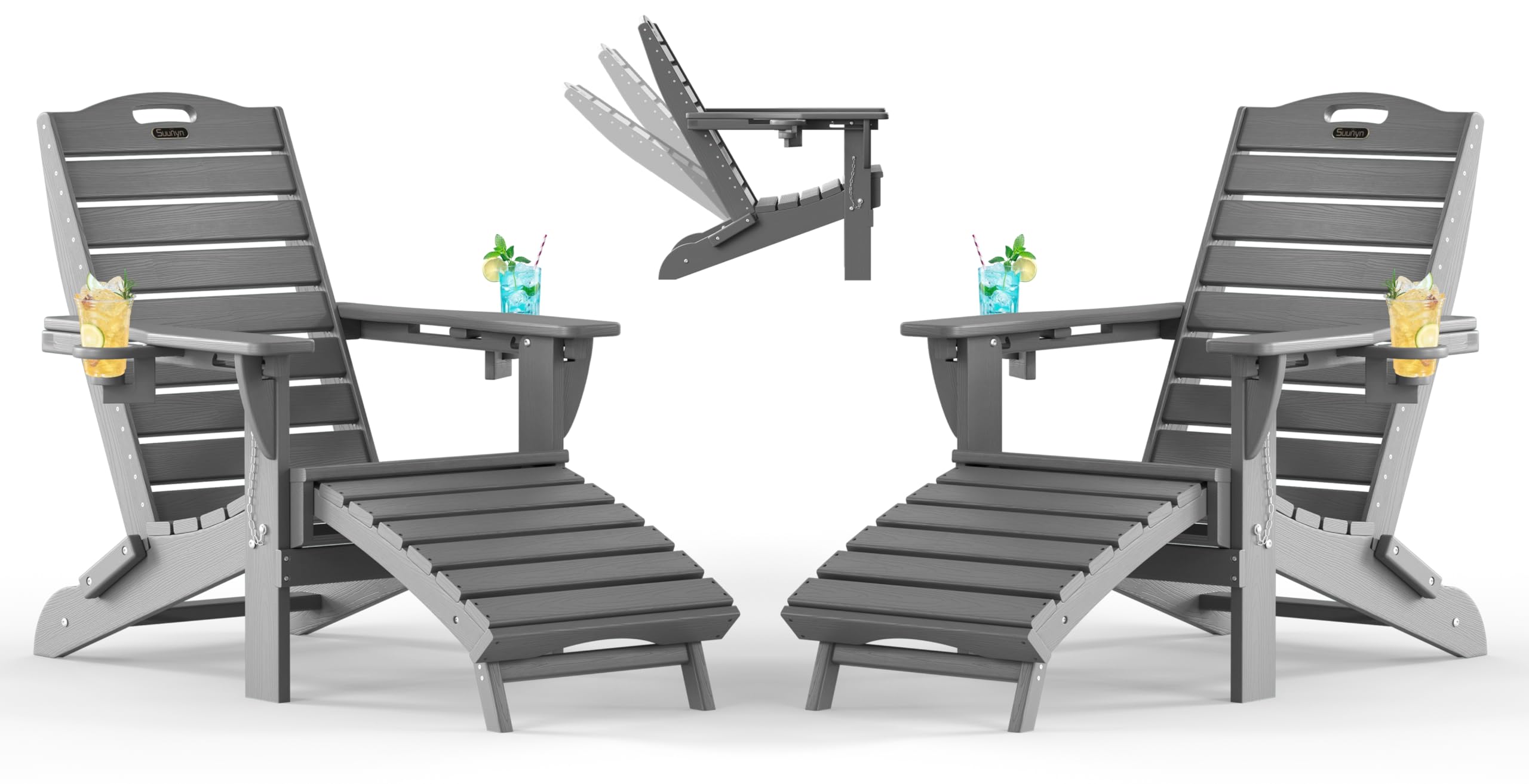 Folding Adirondack Chair with Retractable Ottoman, Weather Resistant Fire Pit Chair Patio Chair with 2 Cup Holder Lawn Outdoor Lounge Chair (Grey)