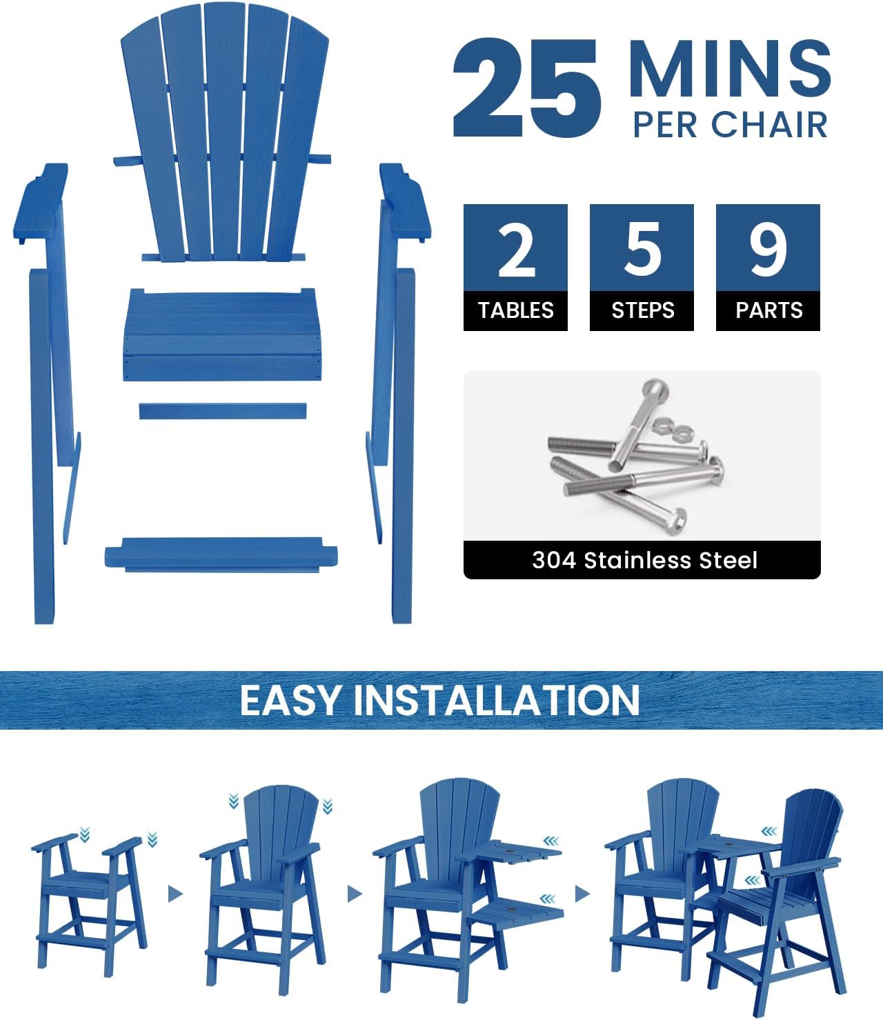 Ciokea Tall Adirondack Chairs Set of 2, HDPE Outdoor High Back Adirondack Chair with Double Connecting Tray, Weather Resistant Balcony Chairs for Deck, Lawn, Pool, Backyard, Navy Blue