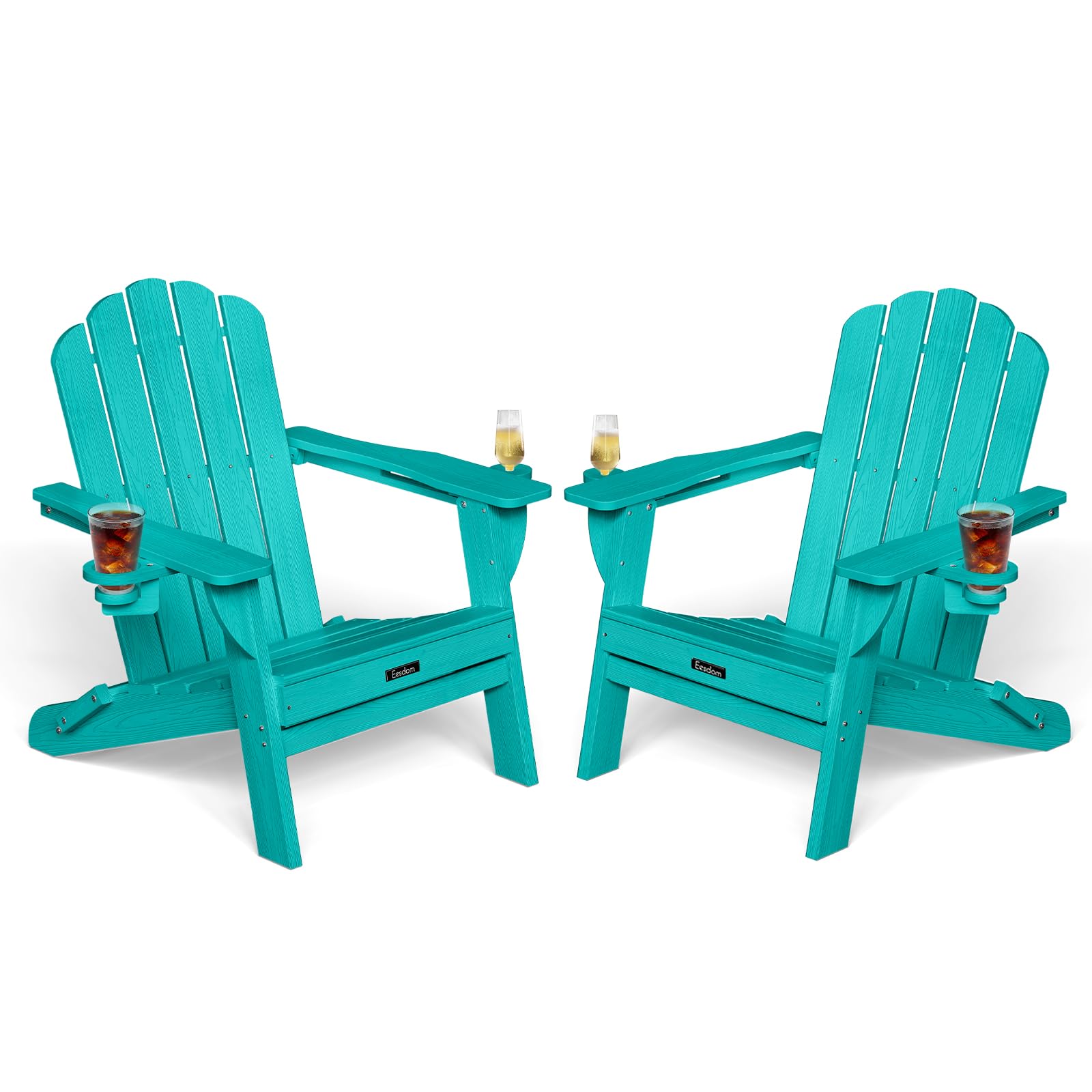 Folding Adirondack Chair,All-Weather HDPE Fire Pit Chair with 2 Cup Holders, Plastic Outdoor Chair for Patio Deck Garden Lawn, Black