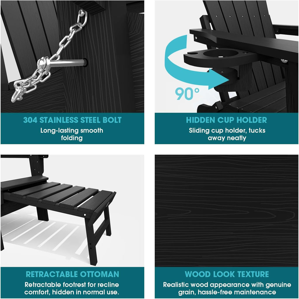 THOEOE Adjustable Adirondack Chair with Retractable Ottoman, HDEP Folding Adirondack Chairs with Footrest 2-in-1 Cup Holder, All Weather Outoor Fire Pit Chair with Foot Rest Set 1 Black