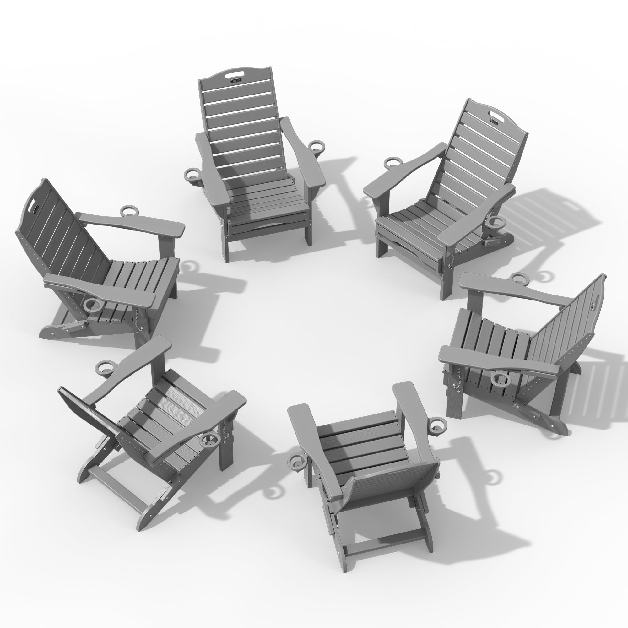 Folding Adirondack Chair with Retractable Ottoman, Weather Resistant Fire Pit Chair Patio Chair with 2 Cup Holder Lawn Outdoor Lounge Chair (Grey)