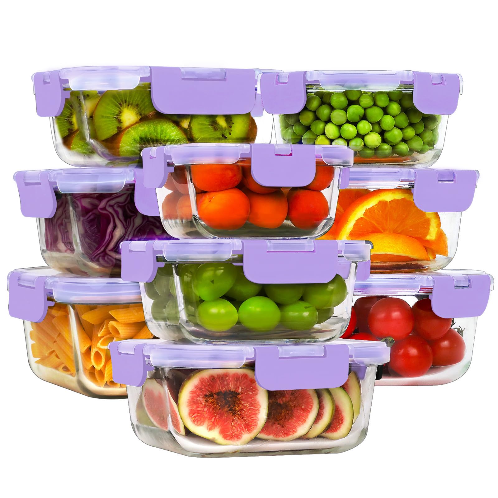 HOMBERKING 18 Piece Glass Food Storage Containers with Lids, Glass Meal Prep Containers, Airtight Lunch Bento Boxes, BPA-Free & Leak Proof, Oven, Freezer and Dishwasher Safe (9 lids & 9 Containers)