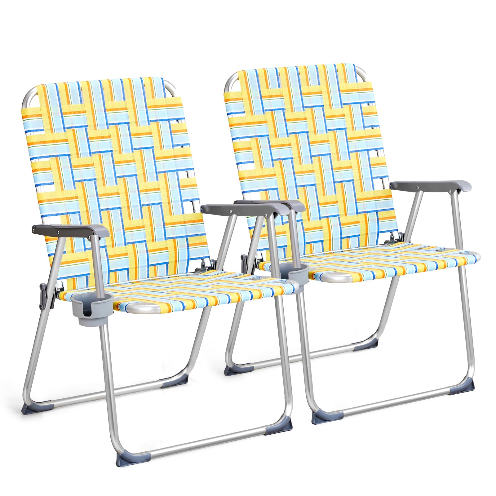 VINGLI Aluminum Patio Lawn Chairs Folding Set of 2 with Detachable Cup Holder, Webbed Beach Chair Folding Chair Outdoor Portable Camping Chair for Yard, Garden Blue alulawnchair