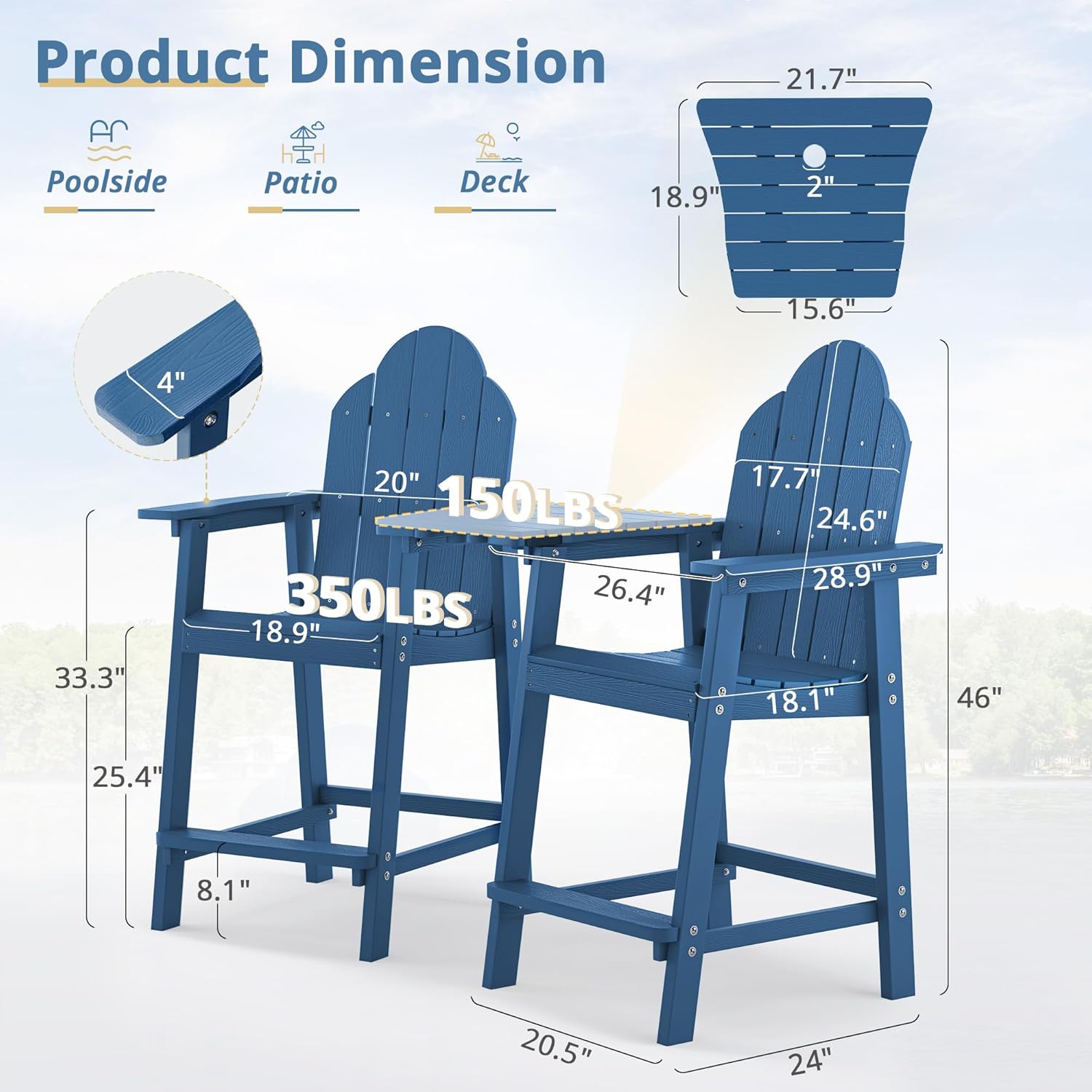 LUE BONA Tall Adirondack Chair Set of 2, All Weather HDPS Bar Height Chairs with Aluminum Legs, Detachable Table & Umbrella Hole for Patio, Deck, Backyard & Commercial Use Navy Blue