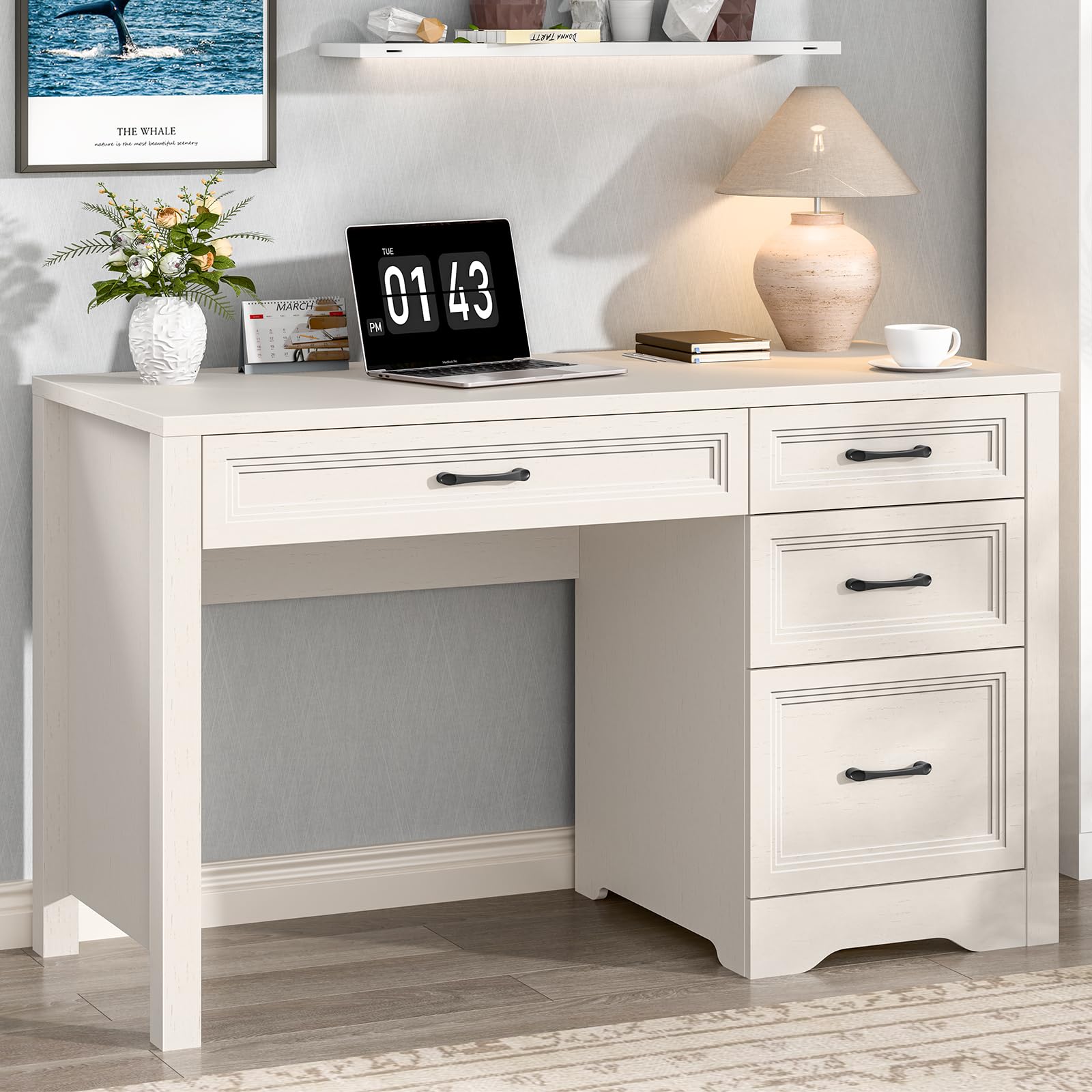 Vabches Farmhouse Executive Desk, Wood Home Office Desk with 2 Large File Drawers and 5 Storage Cabinets, Rustic Writing Desk for Work and Study, Brown