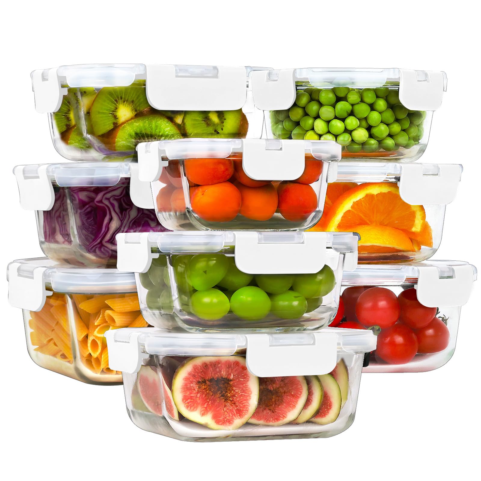 HOMBERKING 18 Piece Glass Food Storage Containers with Lids, Glass Meal Prep Containers, Airtight Lunch Bento Boxes, BPA-Free & Leak Proof, Oven, Freezer and Dishwasher Safe (9 lids & 9 Containers)