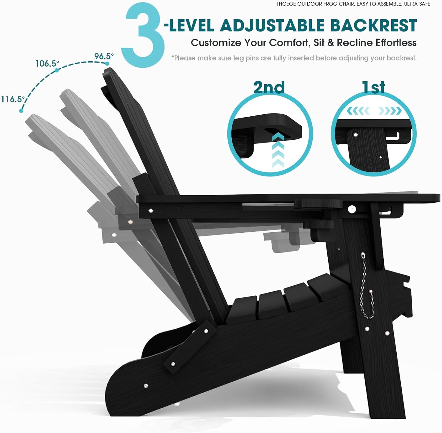 THOEOE Adjustable Adirondack Chair with Retractable Ottoman, HDEP Folding Adirondack Chairs with Footrest 2-in-1 Cup Holder, All Weather Outoor Fire Pit Chair with Foot Rest Set 1 Black