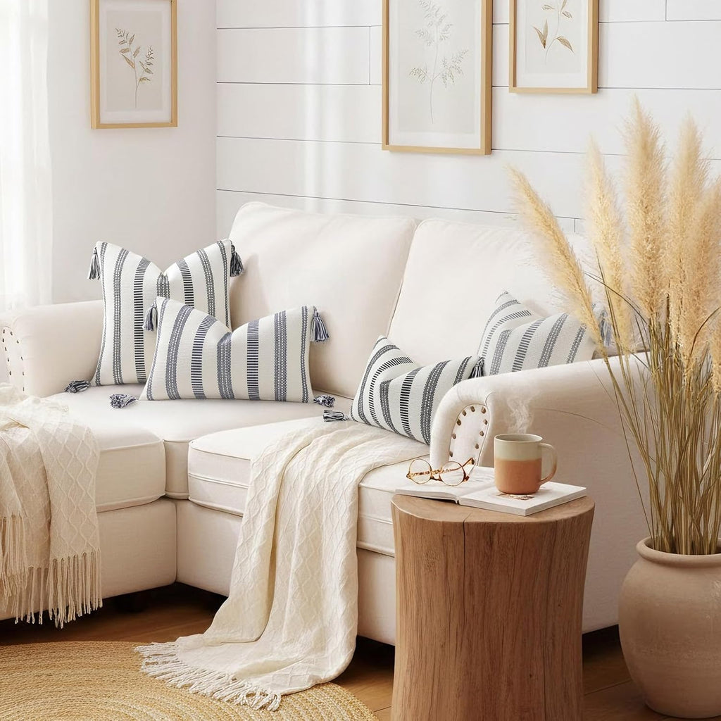 Boho Outdoor Couch Throw Pillow Covers Set of 2 Decorative Lumbar Thick Woven Striped Accent Neutral Pillow Covers with Tassels for Bed Sofa Home Decor 12x20 Inch, Navy Blue and Cream White