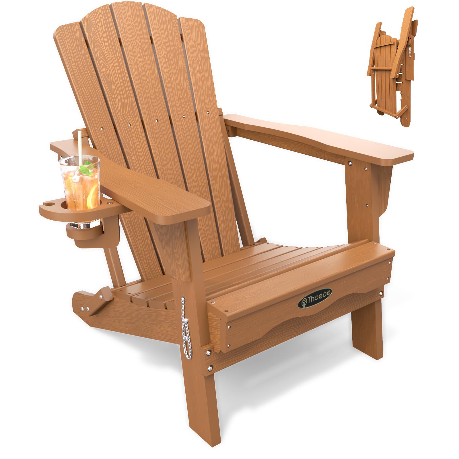 THOEOE Folding Adirondack Chair,HDPE All-Weather Outdoor Chair with Cup Holder,Wooden Textured,Fire Pit Chair,Plastic Patio Chair for Deck,Backyard,Garden,Lawn, Black