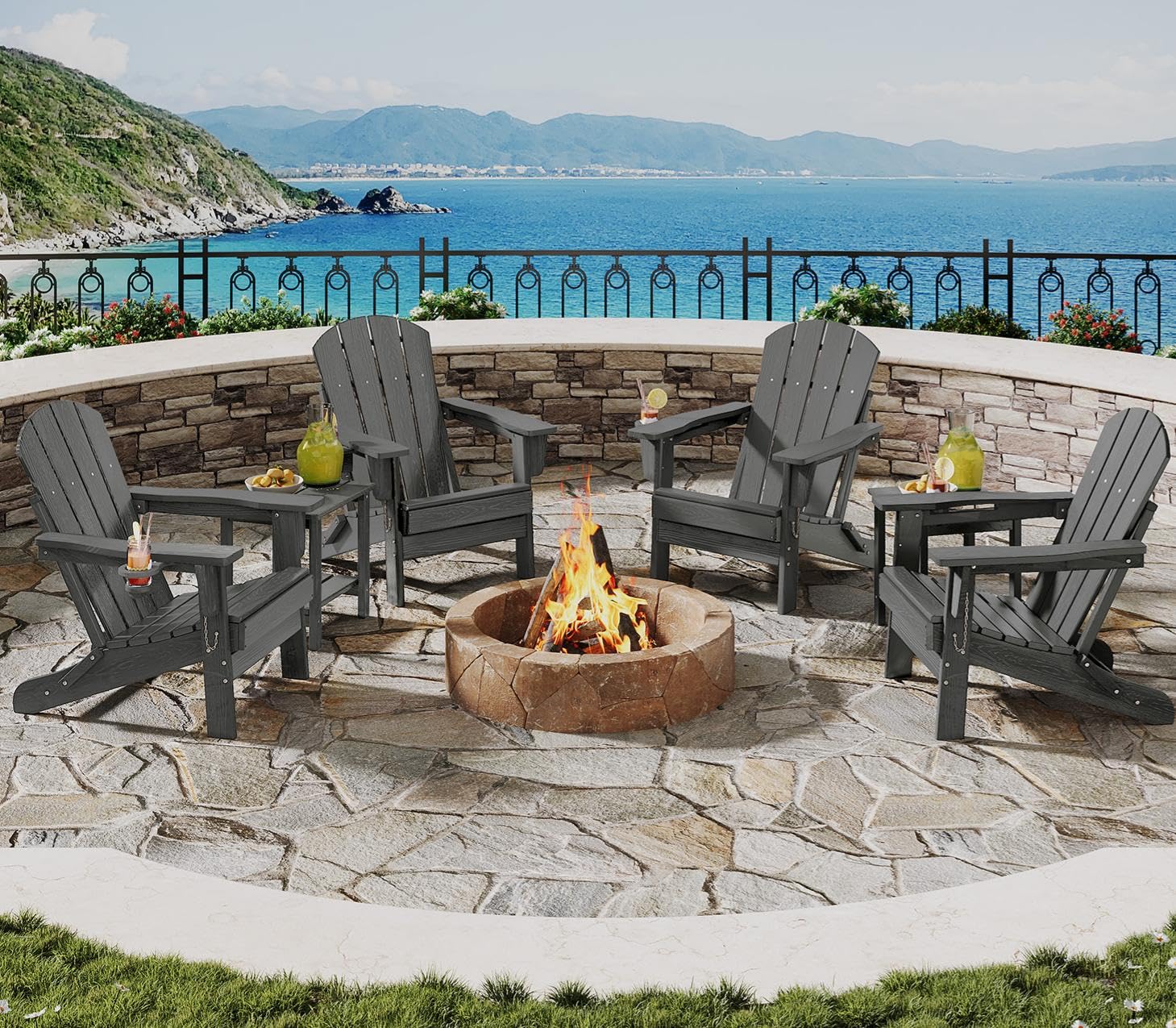 GarveeLife Folding Adirondack Chair Set of 2, All-Weather HDPE Outdoor Chair, Wooden Textured with Cup Holder for patios, Decks, Gardens, fire pits, Navy Blue