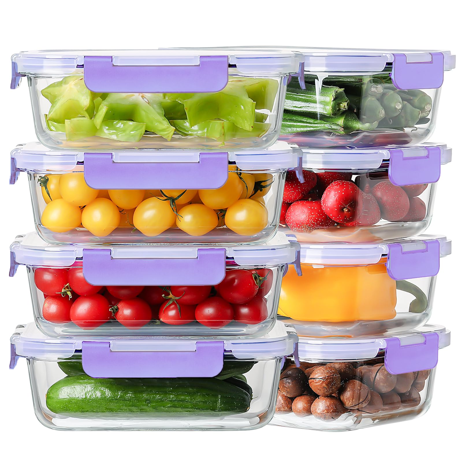 8 Pack 36oz Large Glass Meal Prep Containers with lids, Glass Food Storage Containers with Leak Proof Snap Lock Lids , Airtight Bento lunch Boxes, Kitchen Storage, Oven, Freezer and Dishwasher Safe