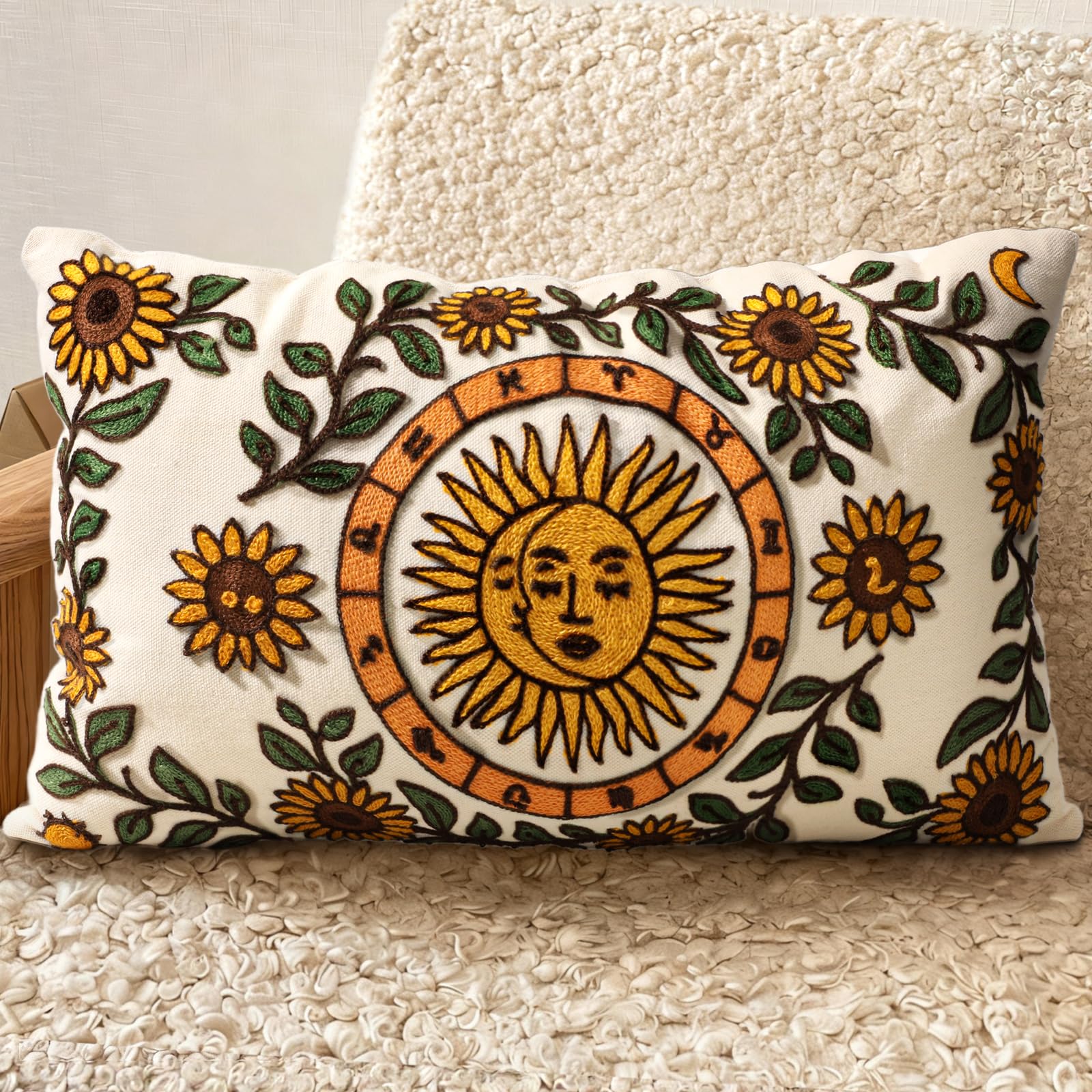 Embroidered Throw Pillow Cover 20x20 Inch - Spring Summer Boho Decorative Pillow Cover with Zipper for Living Room Couch Sofa Bed Aesthetic Design Retro Flower Cushion Pillowcase