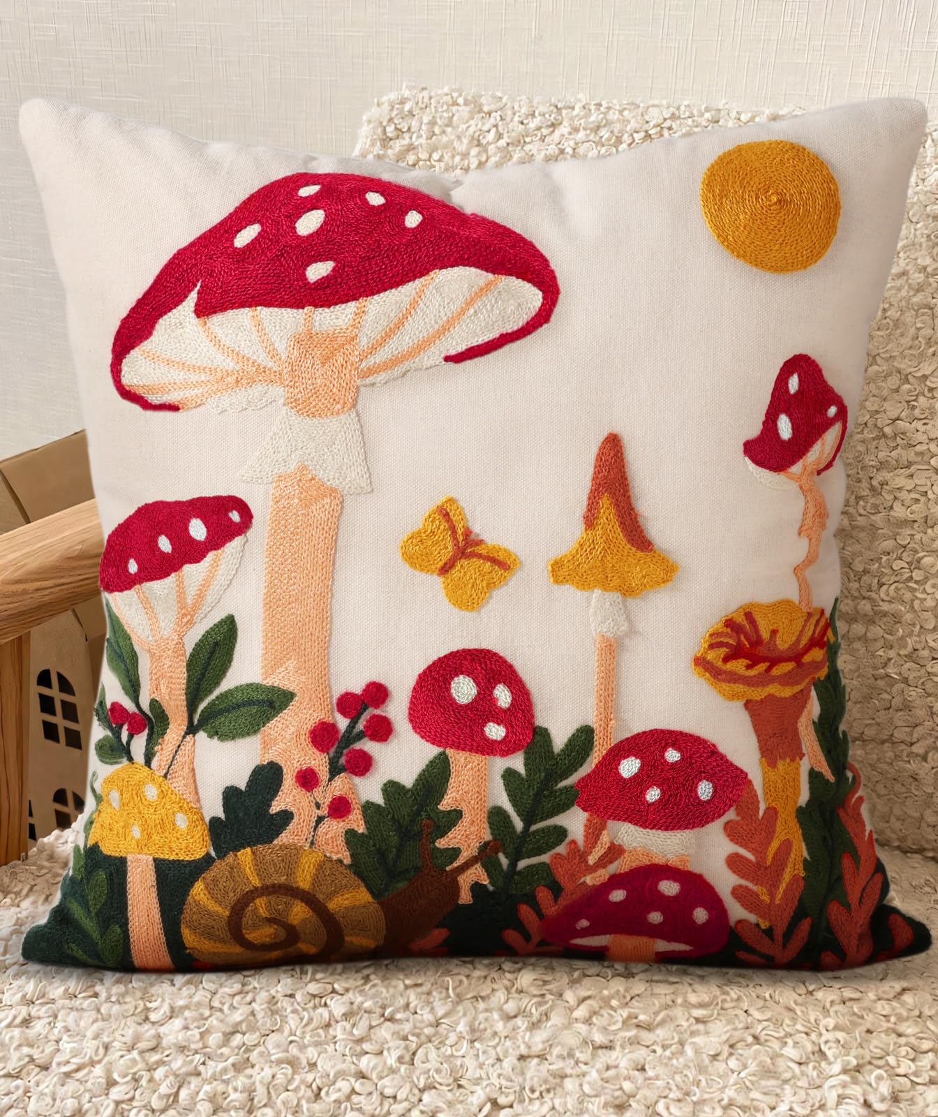 Embroidered Throw Pillow Cover 20x20 Inch - Spring Summer Boho Decorative Pillow Cover with Zipper for Living Room Couch Sofa Bed Aesthetic Design Retro Flower Cushion Pillowcase