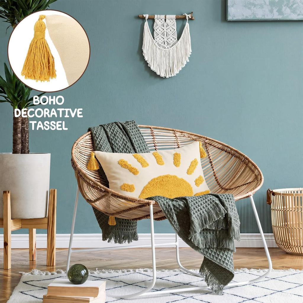 2 Pcs Sun Tufted Lumbar Pillow Cover 12x20 Inch Boho Velvet & Canvas Throw Pillow with Tassels, Yellow Cream Decorative Accent Pillows for Bed, Couch, Living Room & Farmhouse Decor