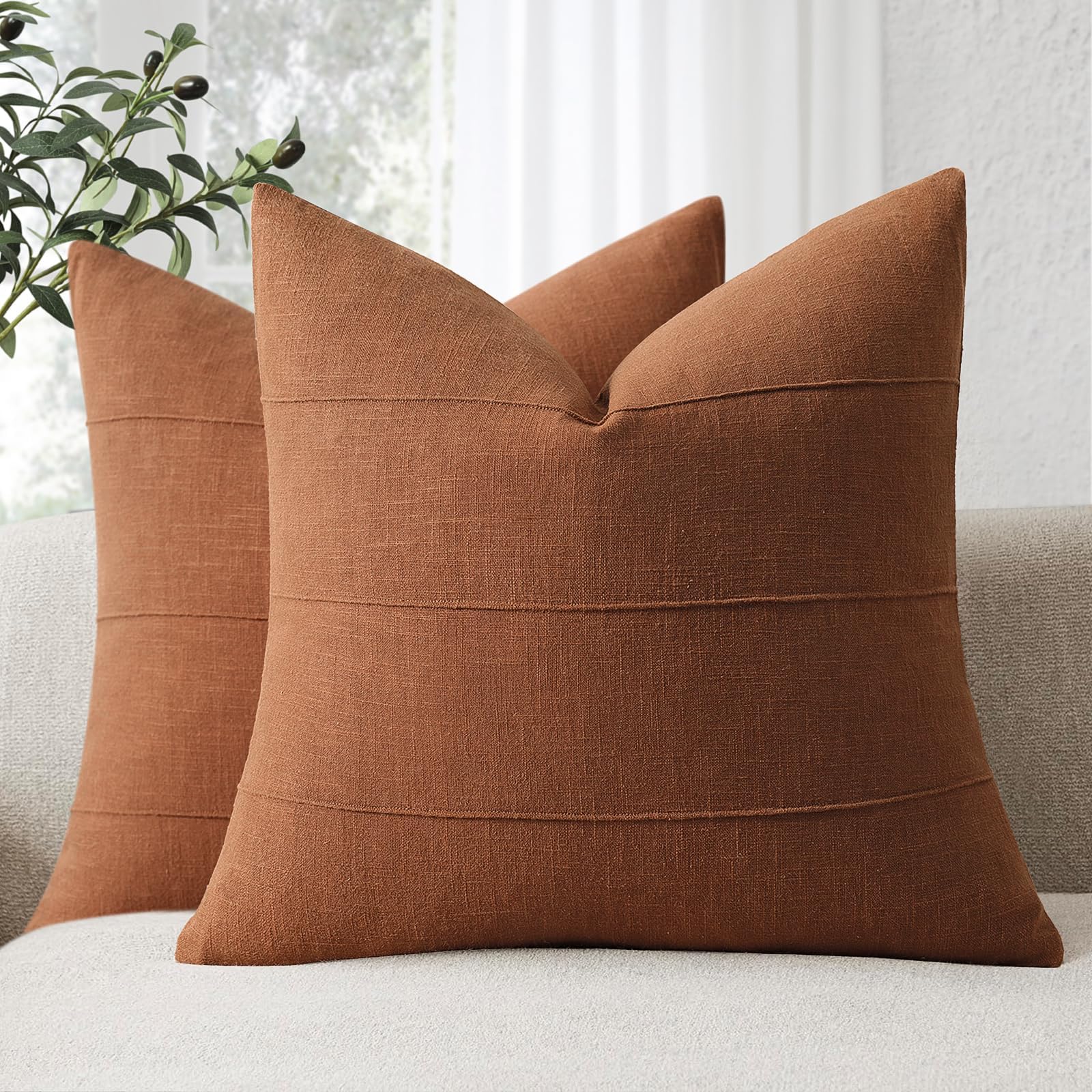 Decorative Linen Throw Pillow Covers 18x18 Set of 2 Solid handcrafted Striped Cushion Covers for Bed Soft Modern Farmhouse Neutral Pillowcase for Couch Bedroom Living Room Home Decor(Natural Beige)