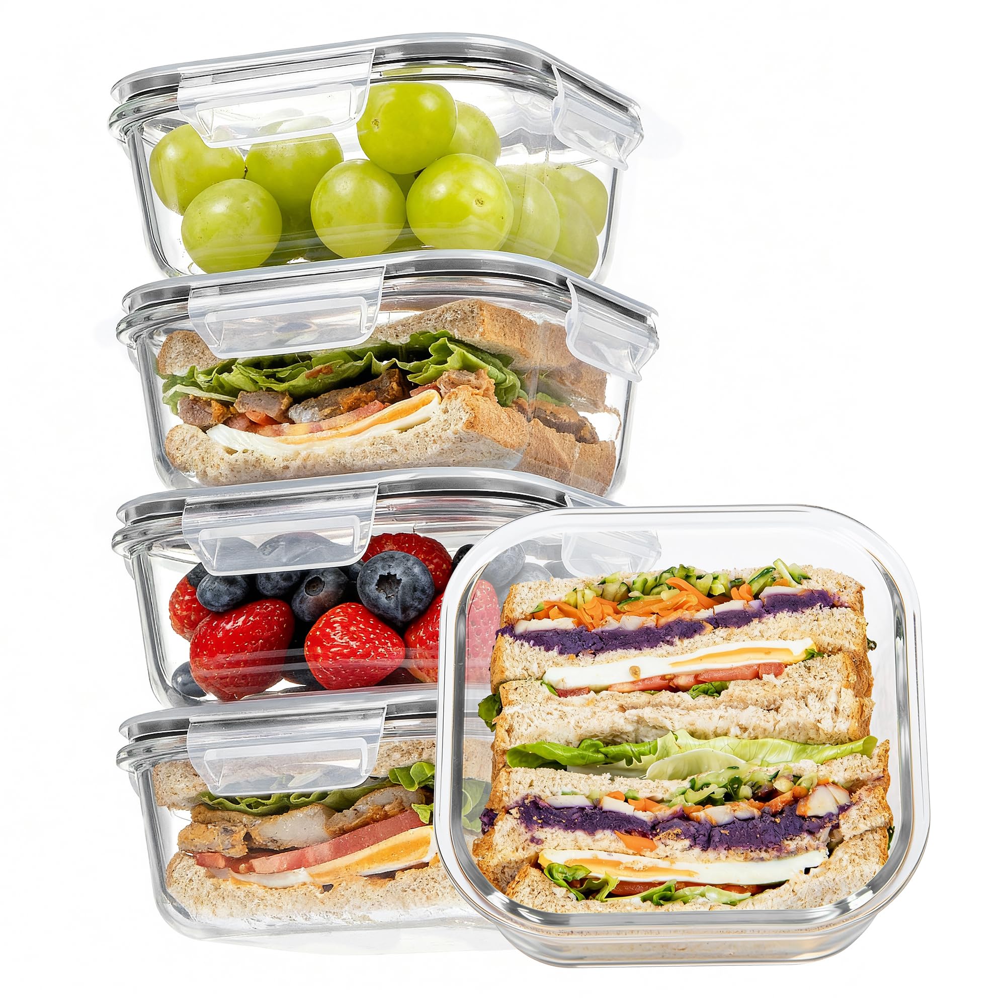 Vtopmart 5Pack 22oz Glass Storage Containers with Lids, Glass Meal Prep Food Container Sets with Snap Airtight Lids for Microwave, Oven, Freezer and Dishwasher, Grey