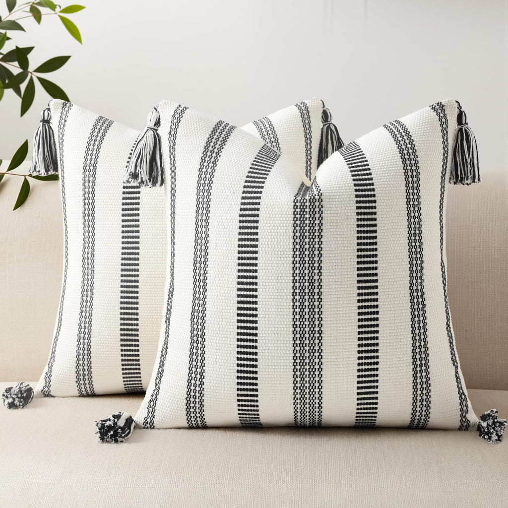 Boho Outdoor Couch Throw Pillow Covers Set of 2 Decorative Lumbar Thick Woven Striped Accent Neutral Pillow Covers with Tassels for Bed Sofa Home Decor 12x20 Inch, Navy Blue and Cream White