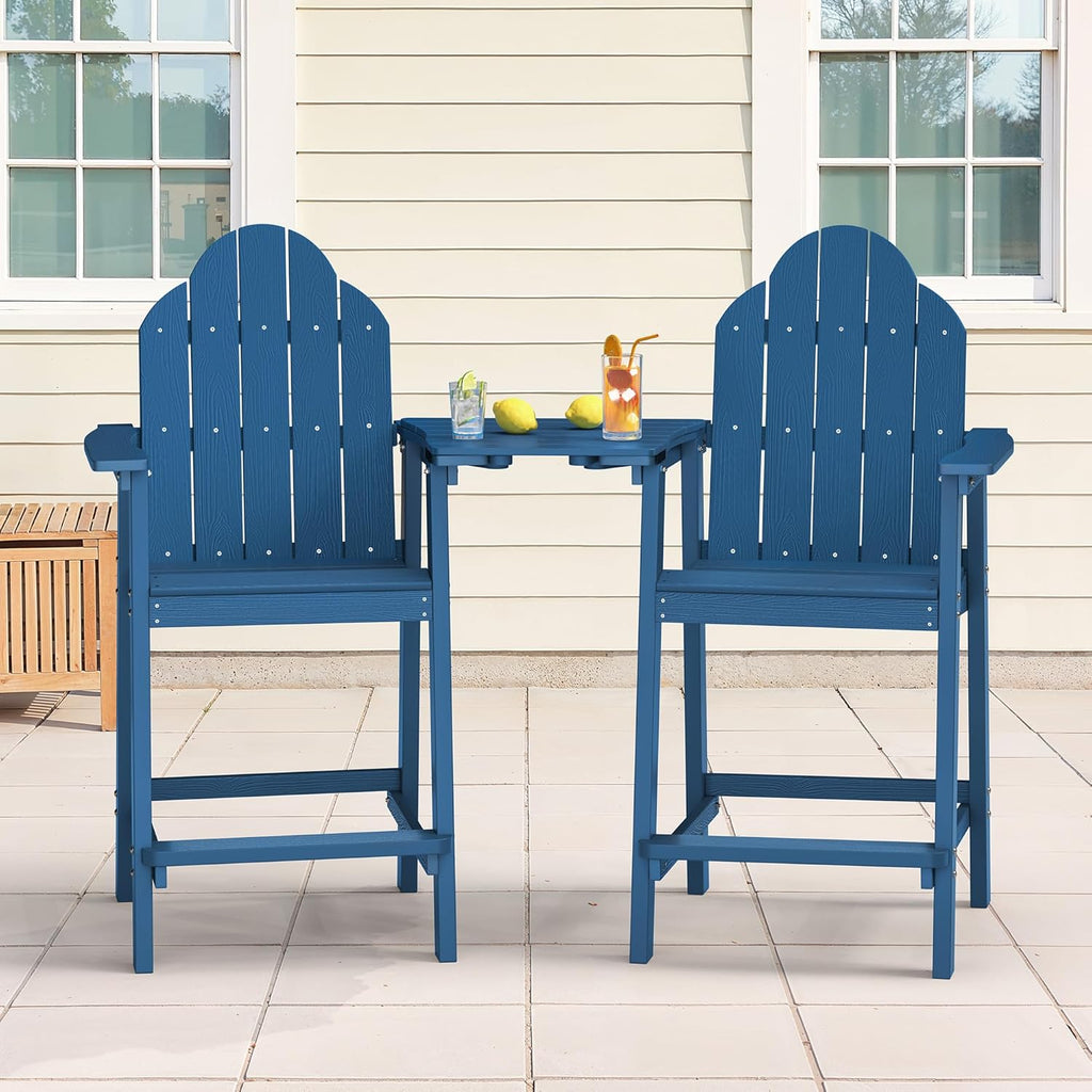 LUE BONA Tall Adirondack Chair Set of 2, All Weather HDPS Bar Height Chairs with Aluminum Legs, Detachable Table & Umbrella Hole for Patio, Deck, Backyard & Commercial Use Navy Blue