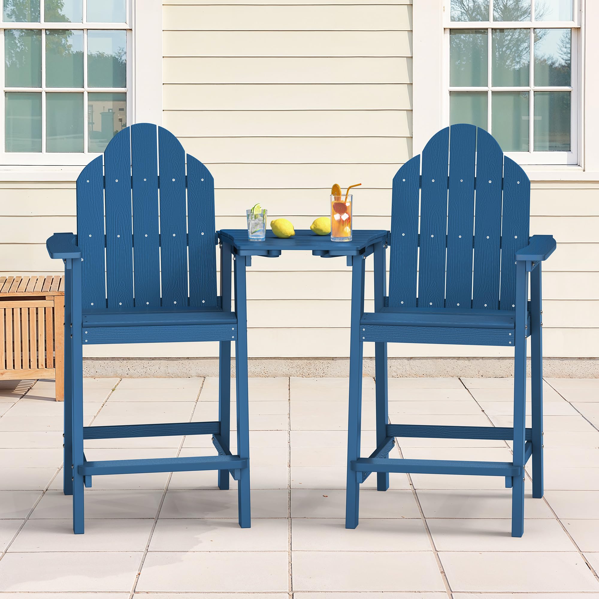 LUE BONA Tall Adirondack Chair Set of 2, All Weather HDPS Bar Height Chairs with Aluminum Legs, Detachable Table & Umbrella Hole for Patio, Deck, Backyard & Commercial Use Navy Blue