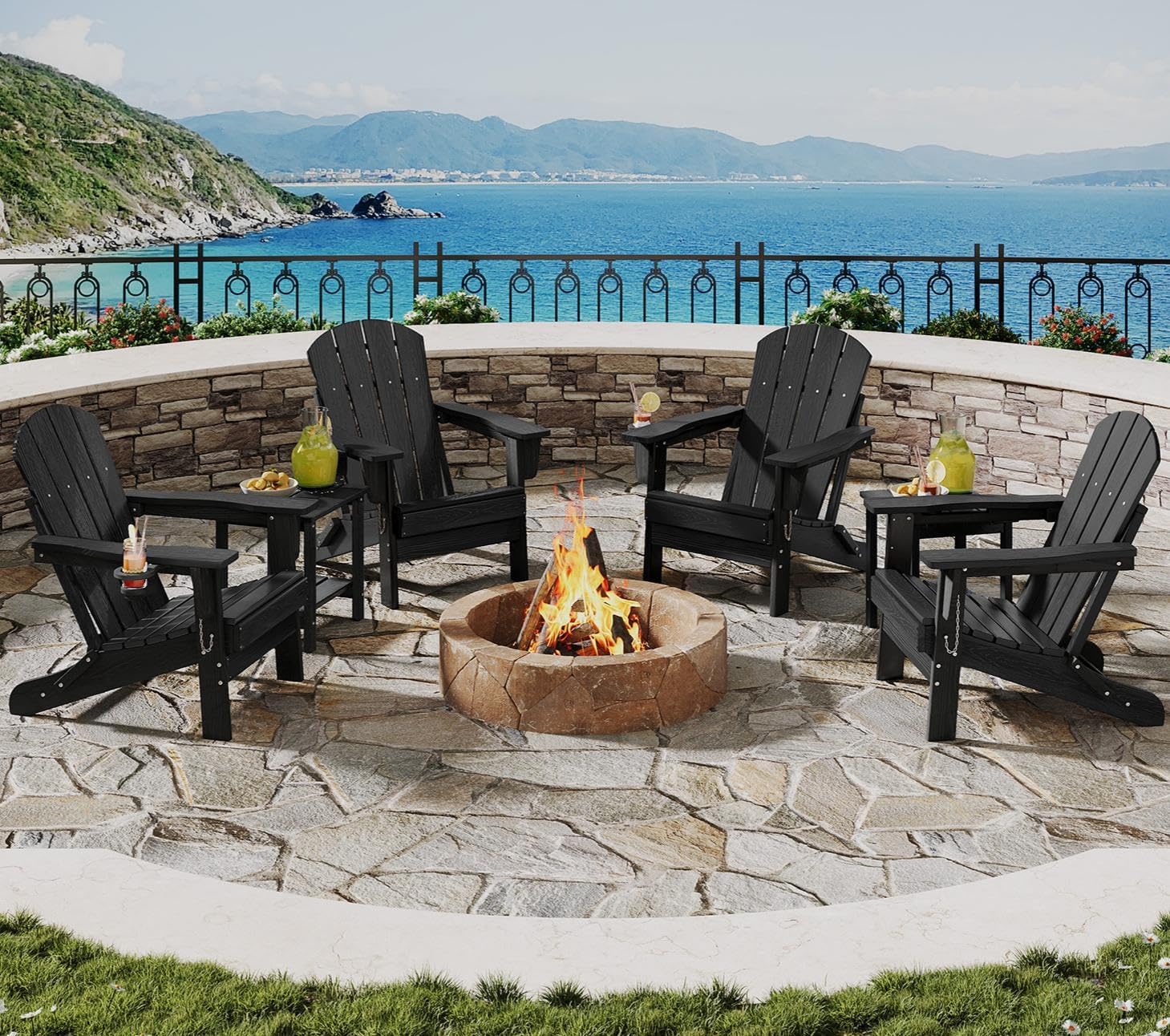 GarveeLife Folding Adirondack Chair Set of 2, All-Weather HDPE Outdoor Chair, Wooden Textured with Cup Holder for patios, Decks, Gardens, fire pits, Navy Blue