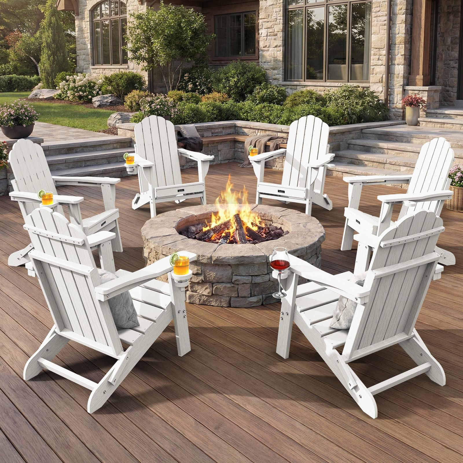 Folding Adirondack Chair,All-Weather HDPE Fire Pit Chair with 2 Cup Holders, Plastic Outdoor Chair for Patio Deck Garden Lawn, Black