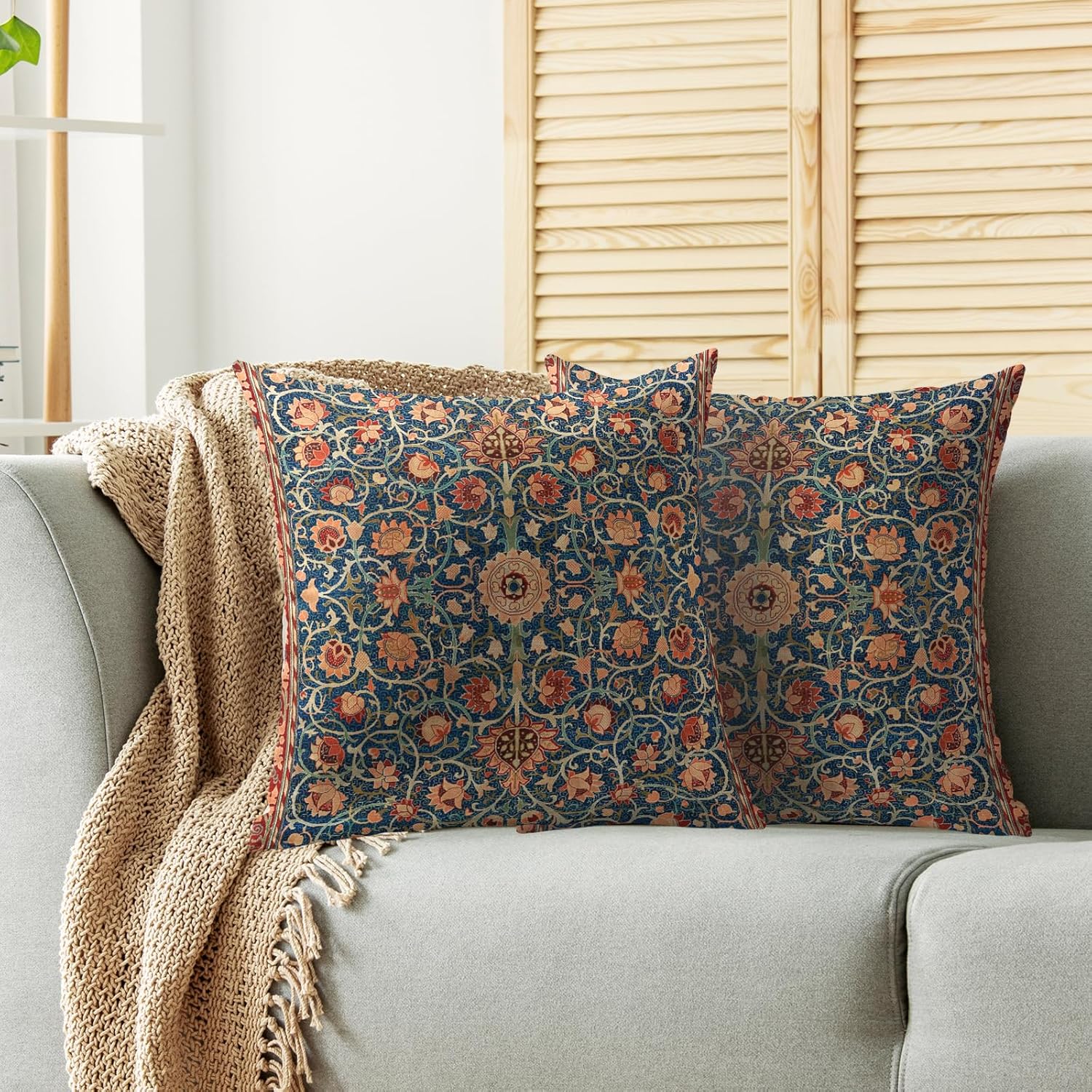 Vintage Floral Pillow Covers 20x20 Set of 2 Modern Botanical Print Blue Burnt Orange Flower Pattern Decorative Throw Pillow Cases Outdoor Farmhouse Decoration for Sofa Couch Bed