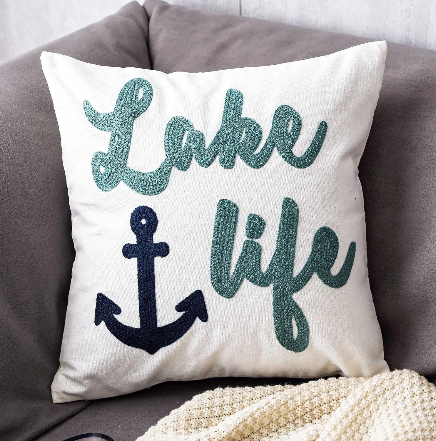 Embroidered Lake Life Throw Pillow Cover,Square 18 inches Decorative Canvas Pillow Cover with Lake Life Pattern,Cover Only