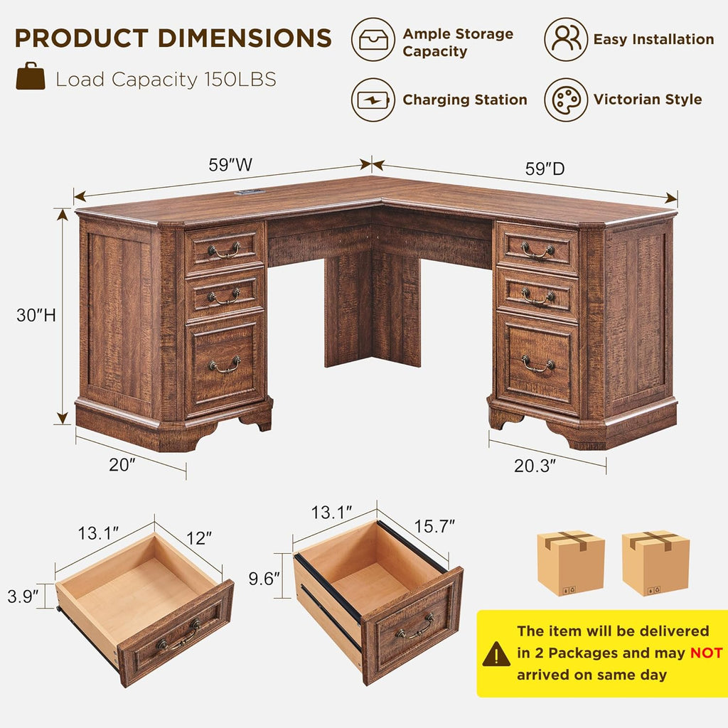 T4TREAM 59" Executive L Shaped Desk with Drawers,Farmhouse Wood Computer Corner Desk,Featuring Charging Station,File Drawer, Storage Cabinet,for Home Office Work and Study (Reclaimed Barnwood)