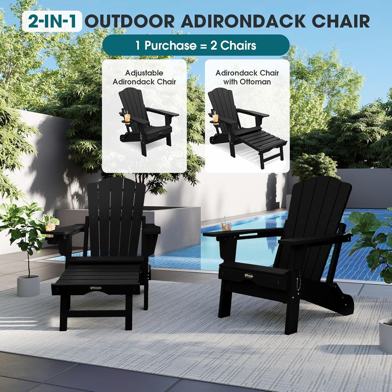 THOEOE Adjustable Adirondack Chair with Retractable Ottoman, HDEP Folding Adirondack Chairs with Footrest 2-in-1 Cup Holder, All Weather Outoor Fire Pit Chair with Foot Rest Set 1 Black