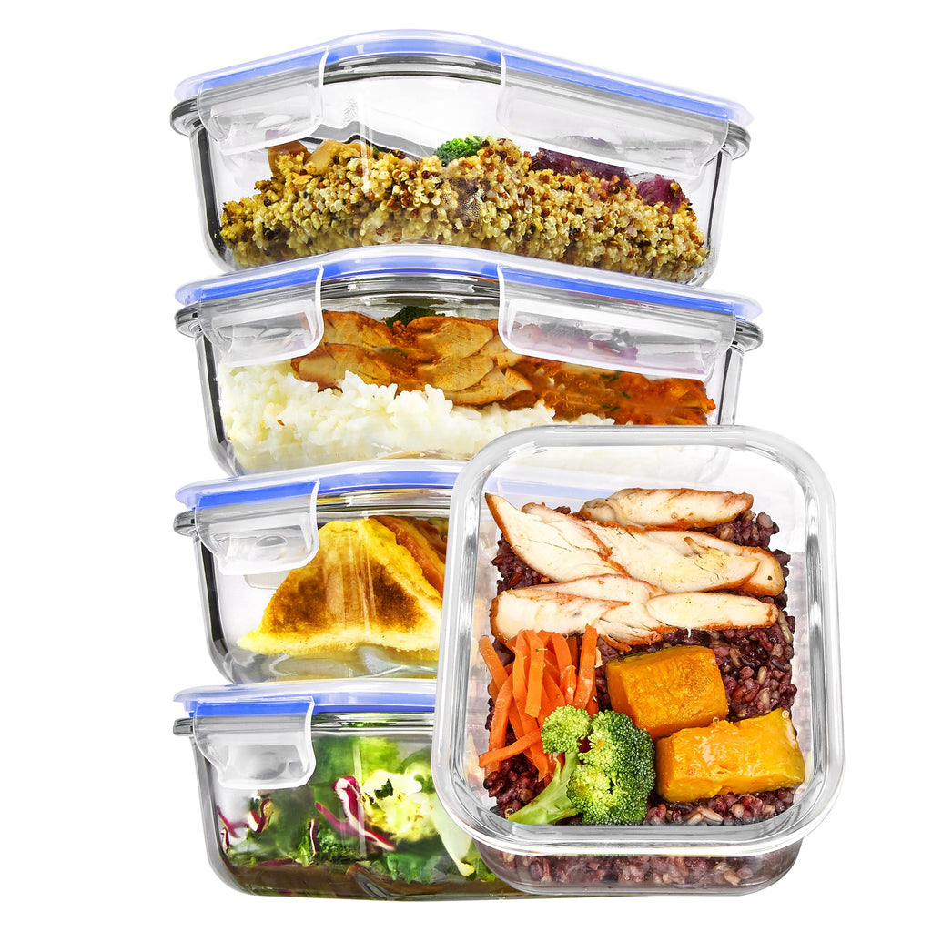 Vtopmart 5Pack 22oz Glass Storage Containers with Lids, Glass Meal Prep Food Container Sets with Snap Airtight Lids for Microwave, Oven, Freezer and Dishwasher, Grey