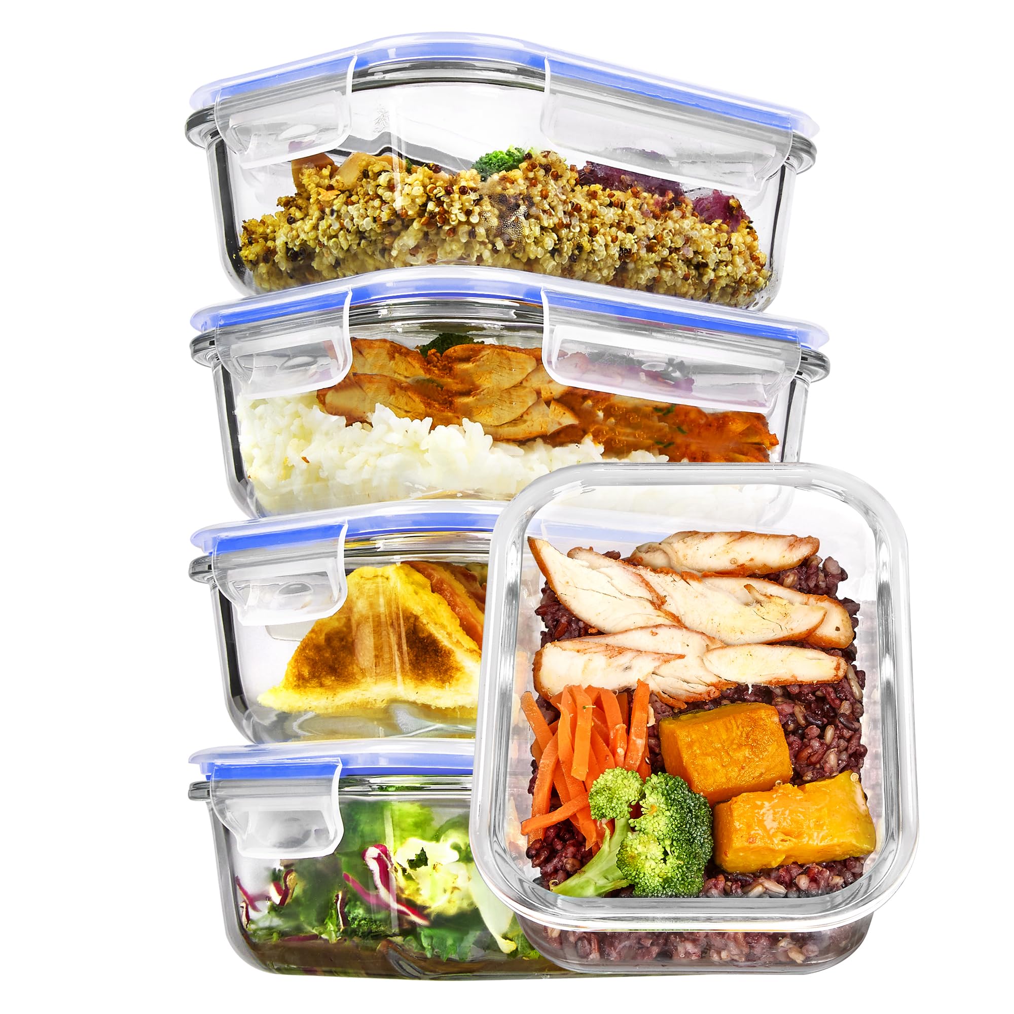 Vtopmart 5Pack 22oz Glass Storage Containers with Lids, Glass Meal Prep Food Container Sets with Snap Airtight Lids for Microwave, Oven, Freezer and Dishwasher, Grey