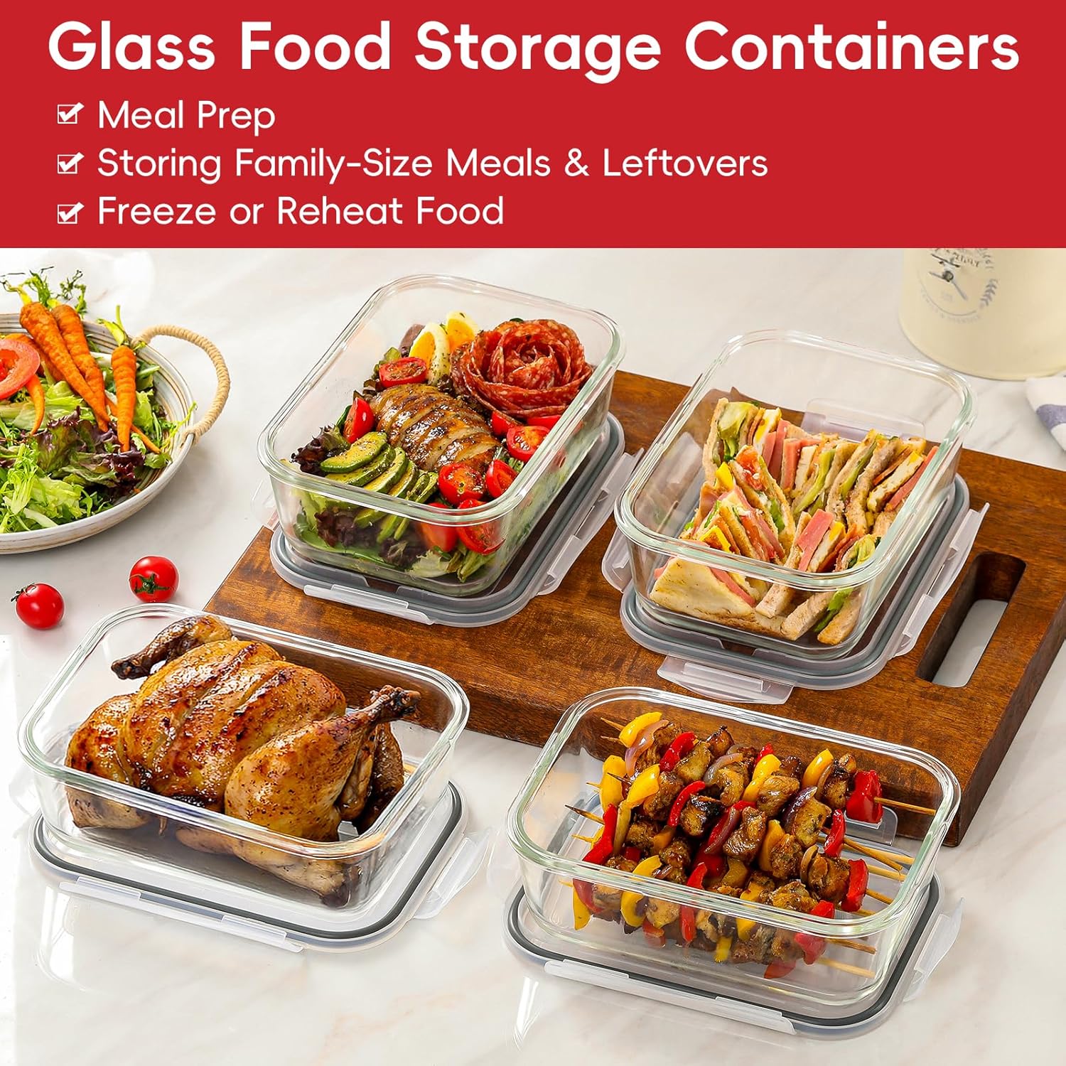 4 Pack 8 Cups/ 63oz Large Glass Storage Containers with Lids, Meal Prep Containers, Glass Food Storage with Airtight Lid for Baking, Leak Proof & Microwave, Oven Safe (4 Containers + 4 Lids)