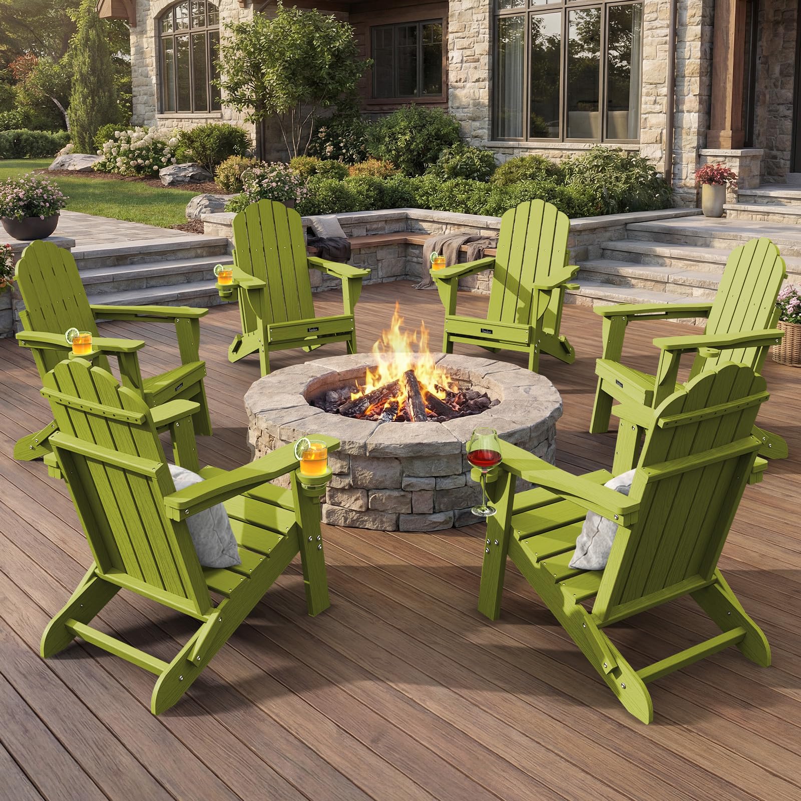 Folding Adirondack Chair,All-Weather HDPE Fire Pit Chair with 2 Cup Holders, Plastic Outdoor Chair for Patio Deck Garden Lawn, Black