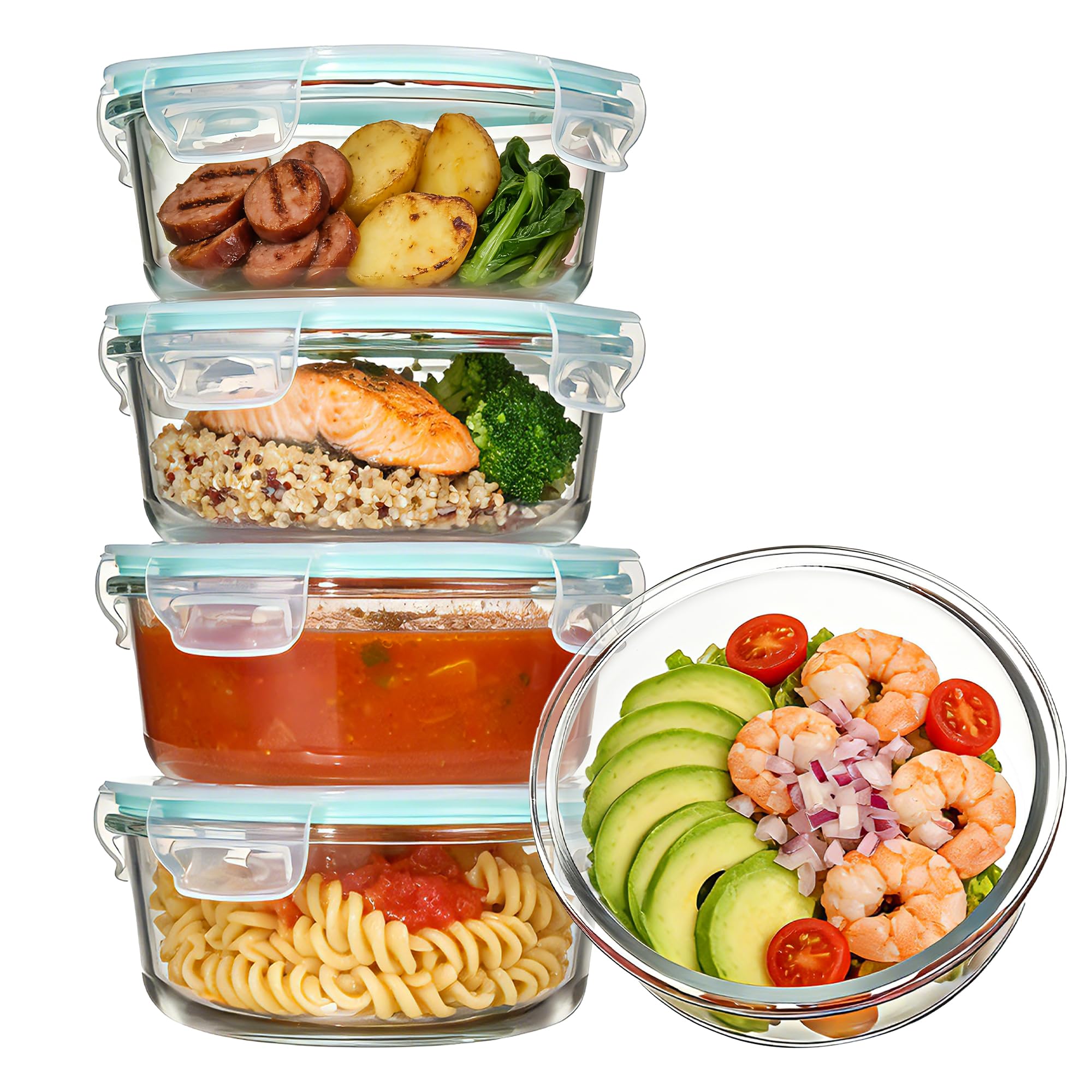 Vtopmart 5Pack 22oz Glass Storage Containers with Lids, Glass Meal Prep Food Container Sets with Snap Airtight Lids for Microwave, Oven, Freezer and Dishwasher, Grey