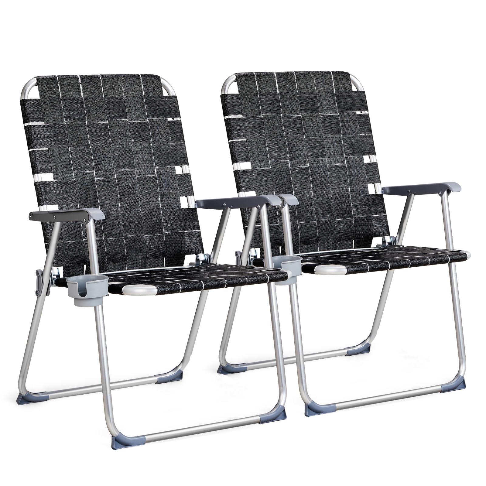 VINGLI Aluminum Patio Lawn Chairs Folding Set of 2 with Detachable Cup Holder, Webbed Beach Chair Folding Chair Outdoor Portable Camping Chair for Yard, Garden Blue alulawnchair