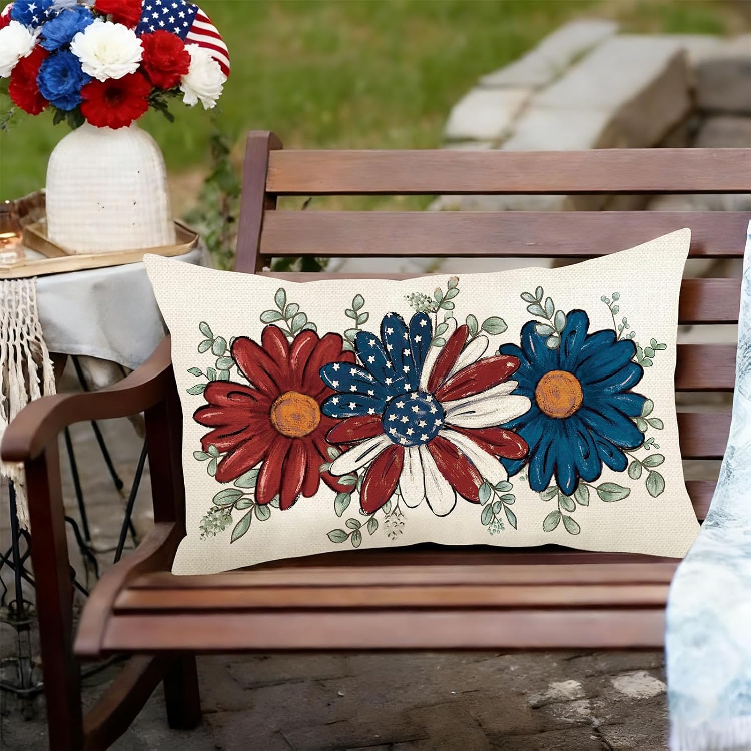 Baccessor Patriotic Pillow Cover 12x20 Inch,4th of July Memorial Day Lumbar Blue Red Daisy Lumbar Pillow Case Summer Holiday Bed Cushion Home Sofa Couch Indoor Outdoor Decor 1 Piece