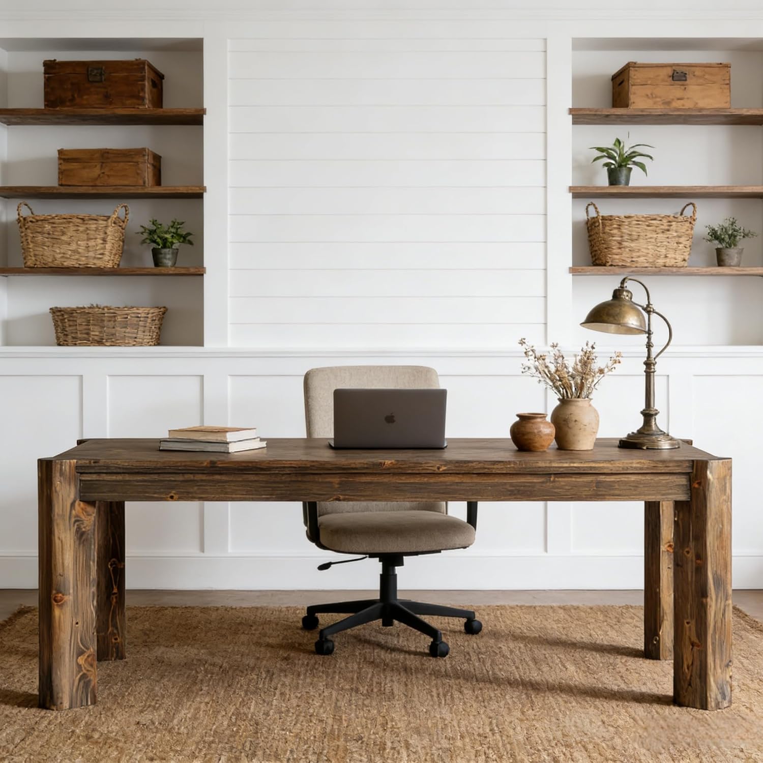 63" Solid Wood Executive Desk, Farmhouse Home Office Computer Desk,Large Simple Study Writing Table Business Workstation for Office, Wood Legs, Vintage Brown