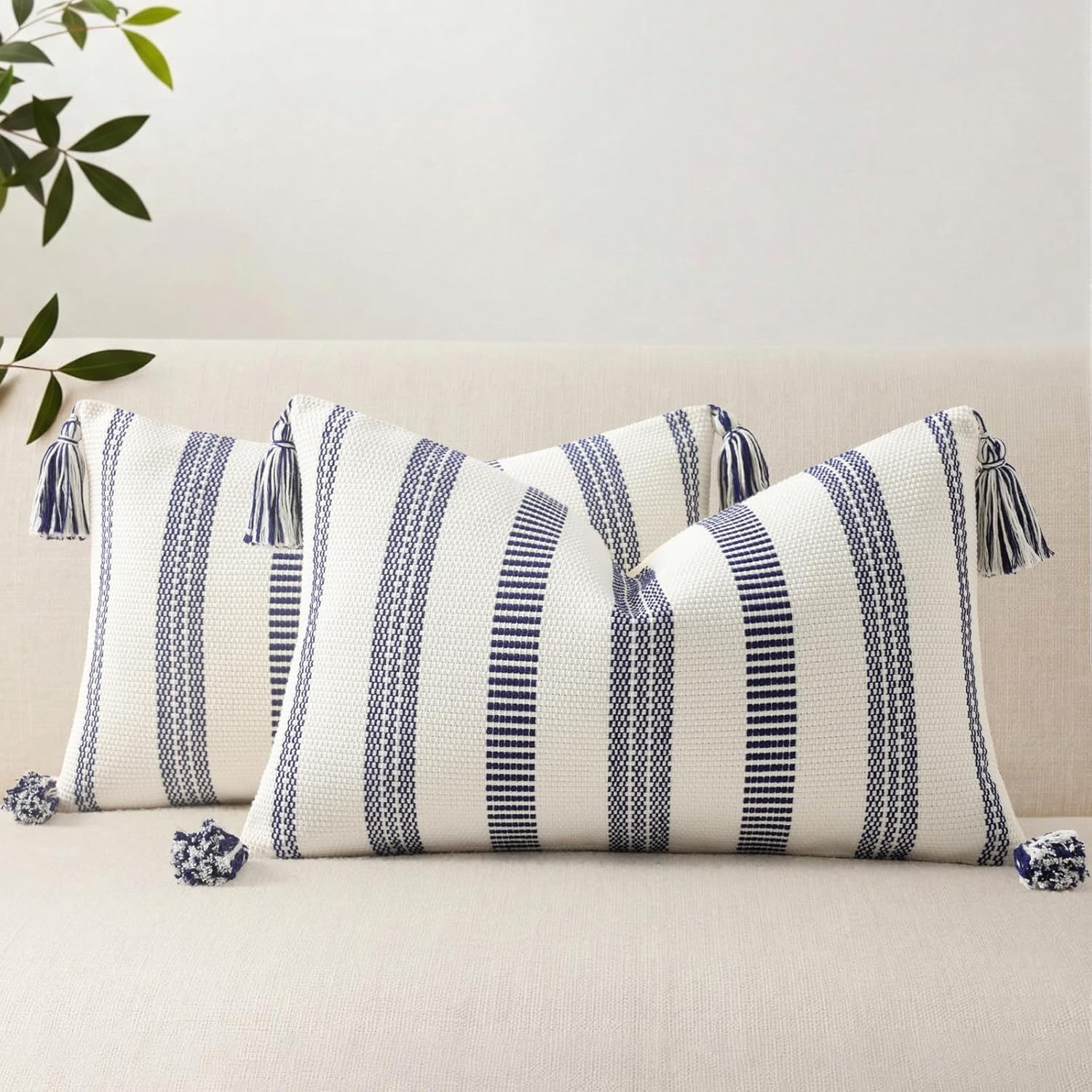 Boho Outdoor Couch Throw Pillow Covers Set of 2 Decorative Lumbar Thick Woven Striped Accent Neutral Pillow Covers with Tassels for Bed Sofa Home Decor 12x20 Inch, Navy Blue and Cream White