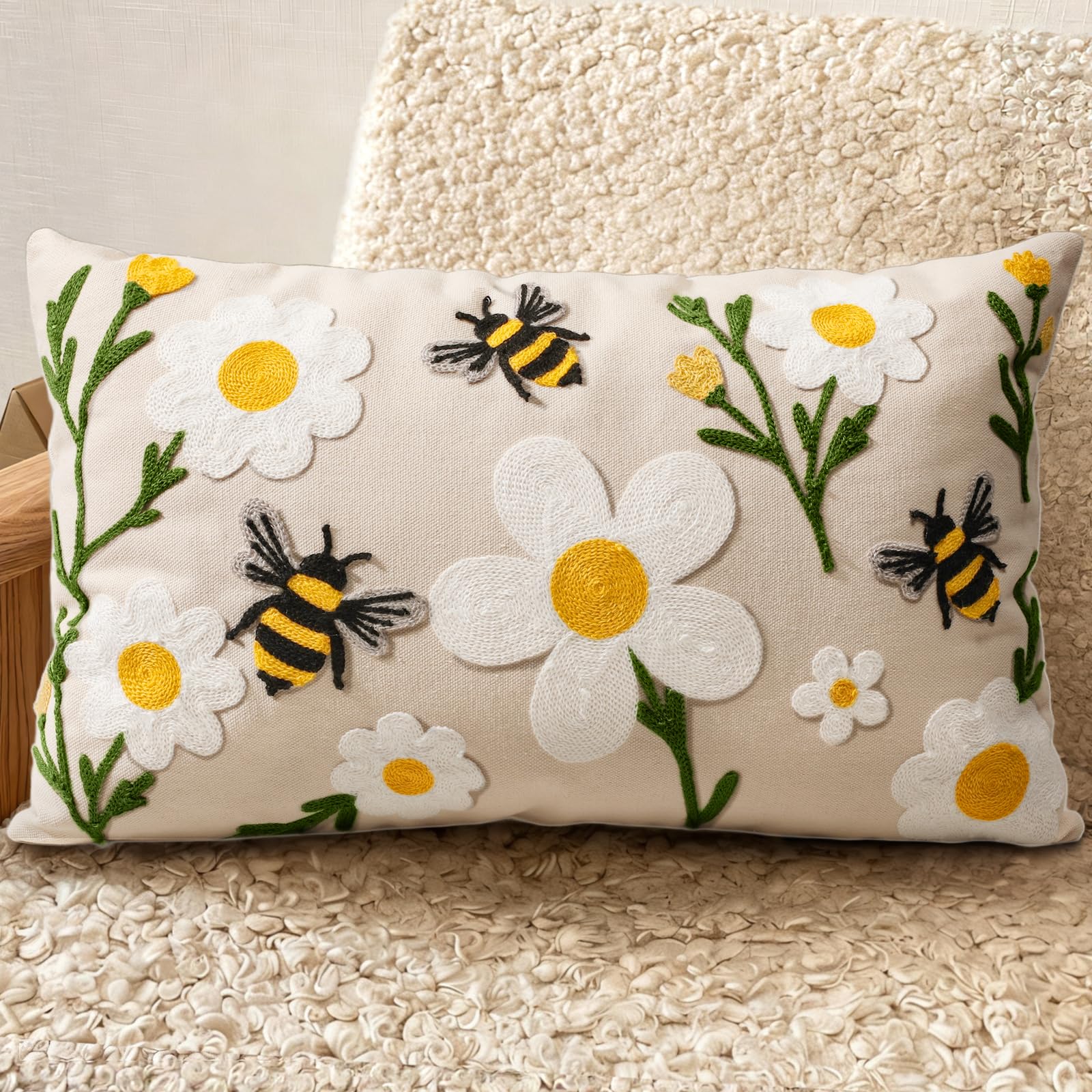 Embroidered Throw Pillow Cover 20x20 Inch - Spring Summer Boho Decorative Pillow Cover with Zipper for Living Room Couch Sofa Bed Aesthetic Design Retro Flower Cushion Pillowcase